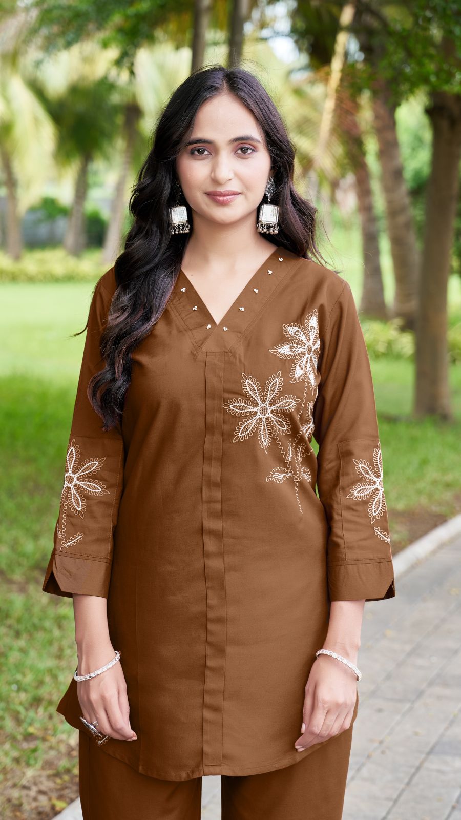 Women Brown Embroidered Co-Ord Set | Rayon Kurti & Straight Pant Set (M to 3XL)