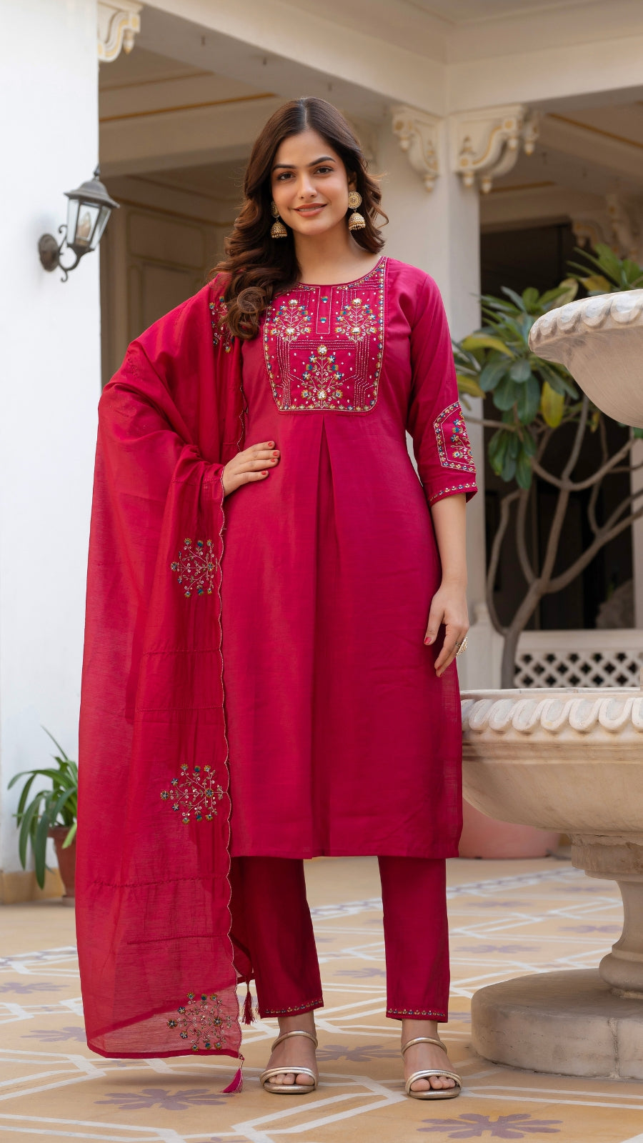 Embroidered Kurti Pant Set with Dupatta – Festive Wear for Women