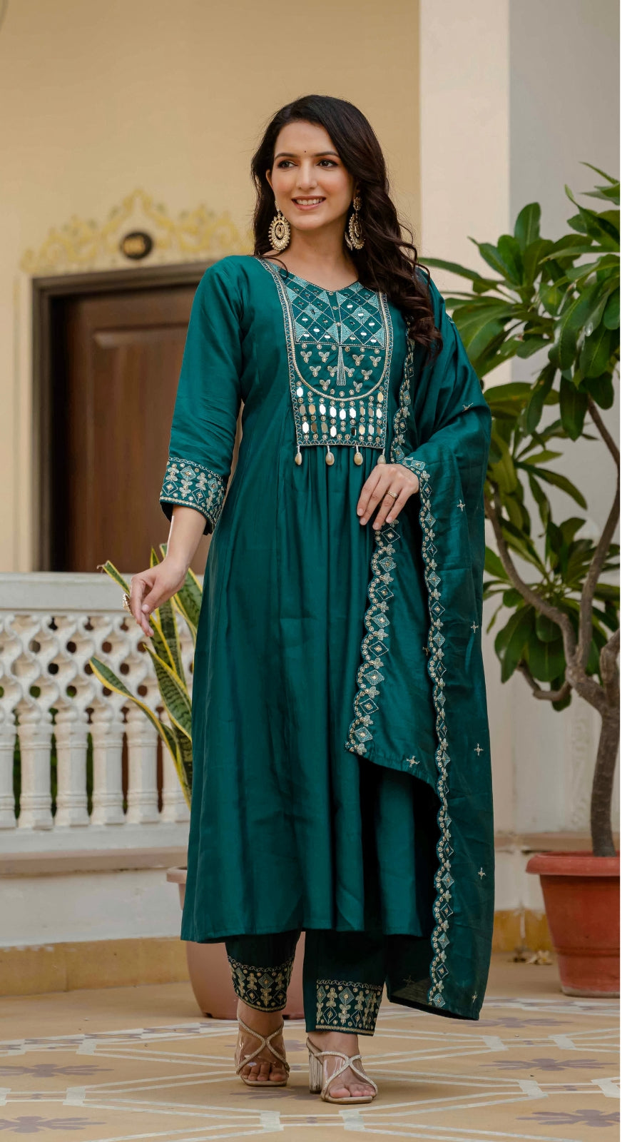Luxury Anarkali Kurti Set with Real Mirror Work | Viscose Roman Silk Festive Suit with Chanderi Dupatta