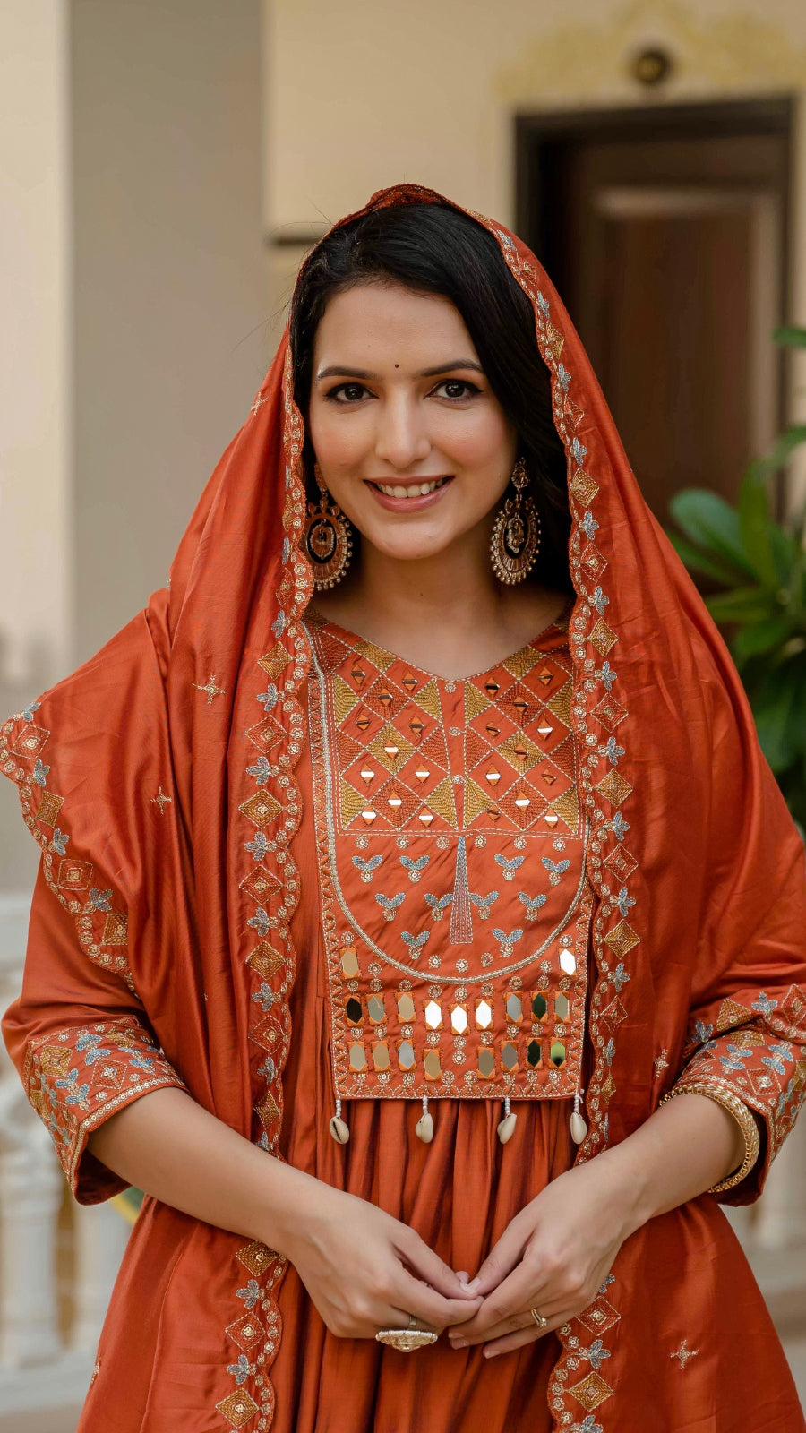 Luxury Anarkali Kurti Set with Real Mirror Work | Viscose Roman Silk Festive Suit with Chanderi Dupatta