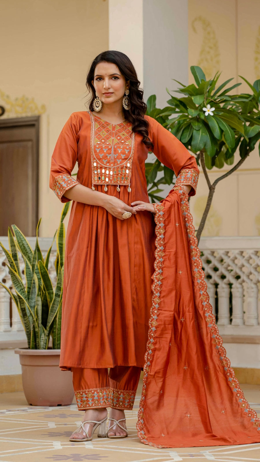 Luxury Anarkali Kurti Set with Real Mirror Work | Viscose Roman Silk Festive Suit with Chanderi Dupatta