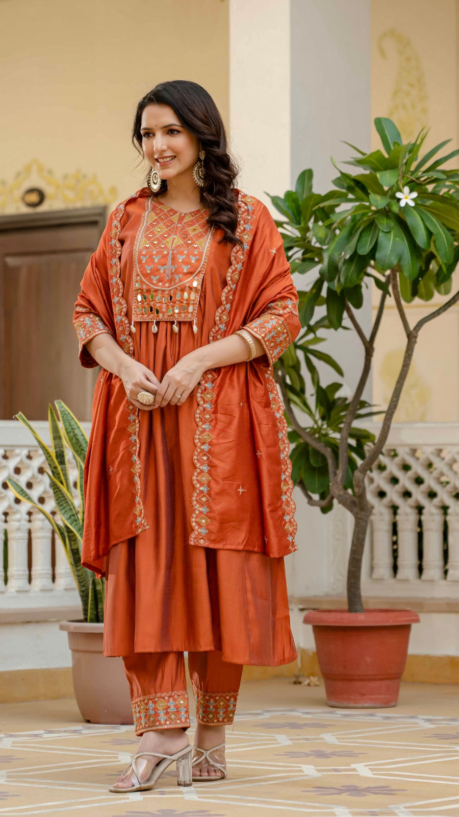 Luxury Anarkali Kurti Set with Real Mirror Work | Viscose Roman Silk Festive Suit with Chanderi Dupatta