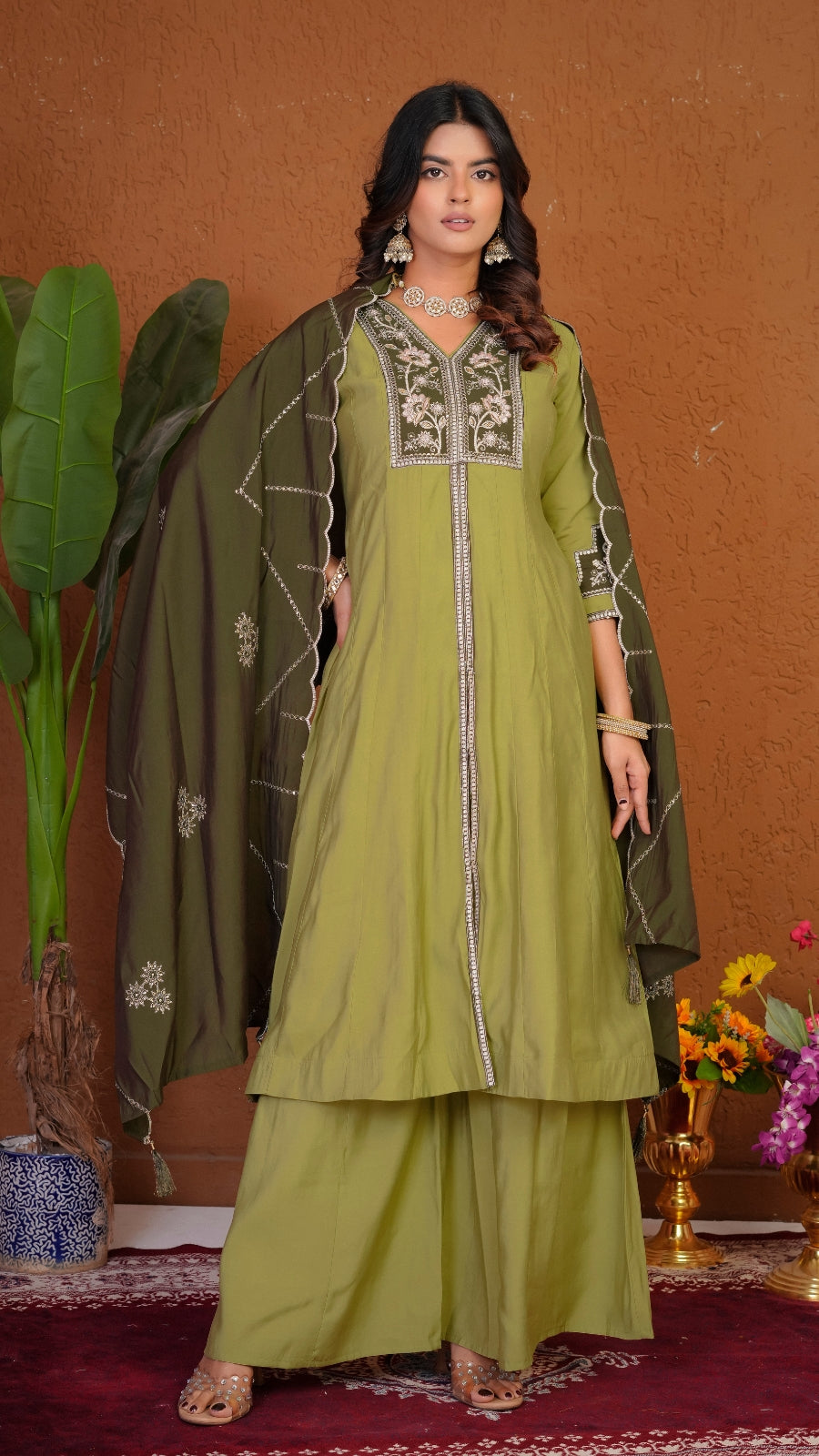 Premium Roman Silk Embroidered Anarkali Kurti Set with Dupatta | Festive Wear Ethnic Suit for Women
