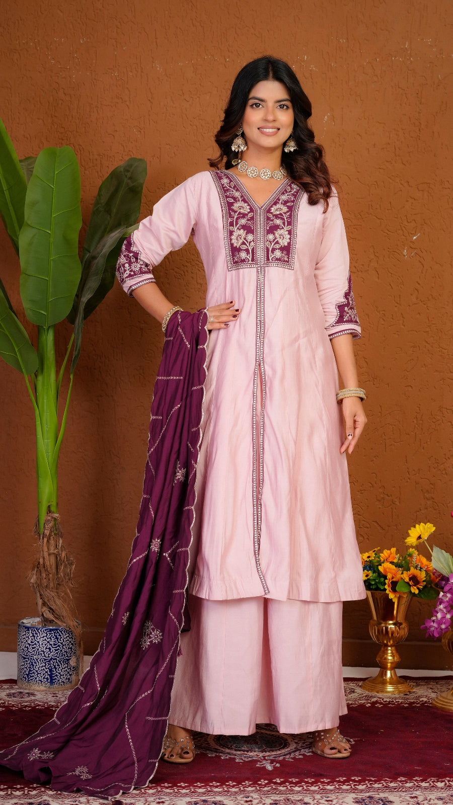 Premium Roman Silk Embroidered Anarkali Kurti Set with Dupatta | Festive Wear Ethnic Suit for Women