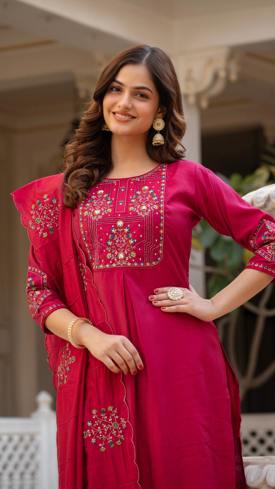 Embroidered Kurti Pant Set with Dupatta – Festive Wear for Women