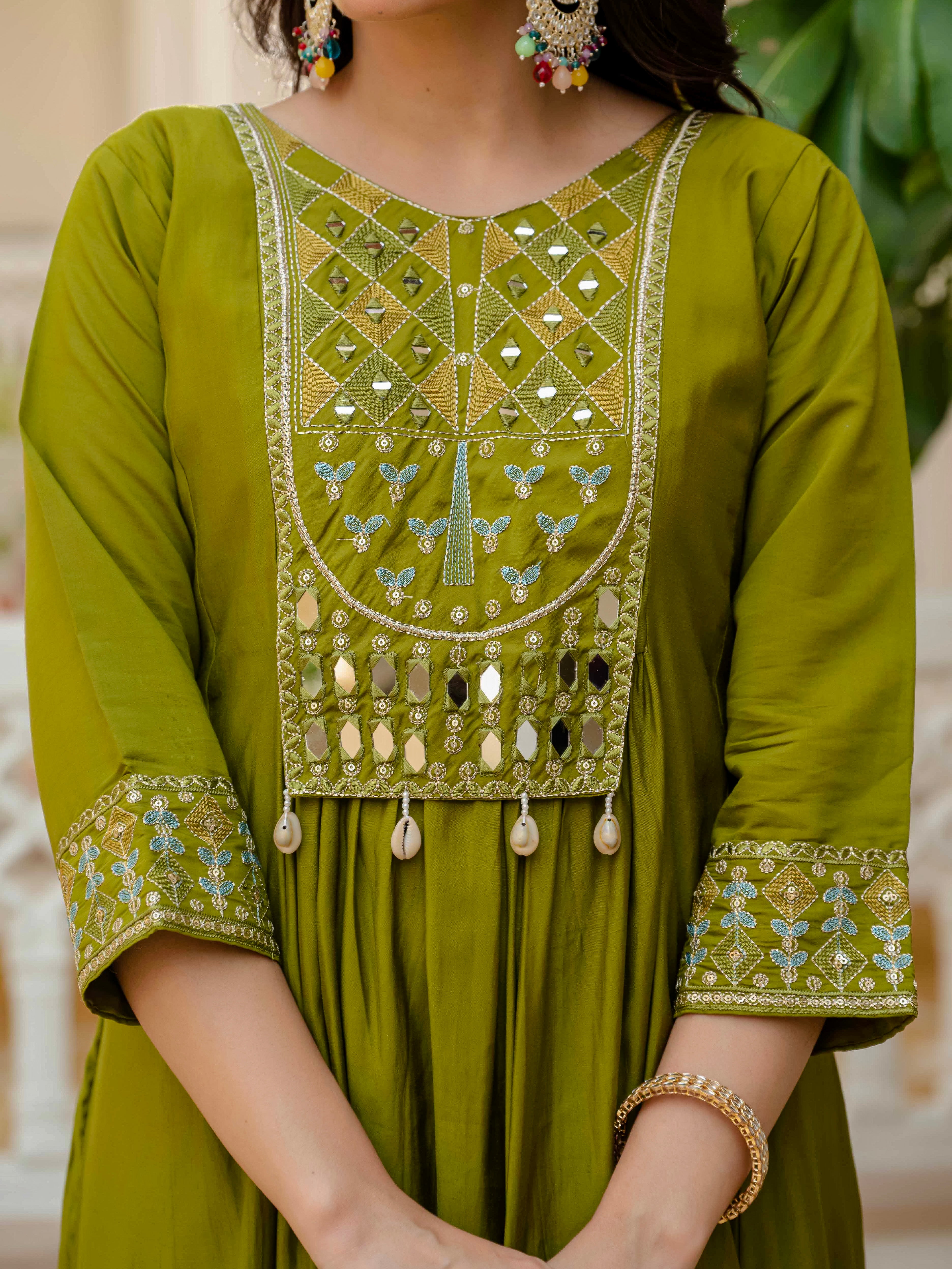Luxury Anarkali Kurti Set with Real Mirror Work | Viscose Roman Silk Festive Suit with Chanderi Dupatta
