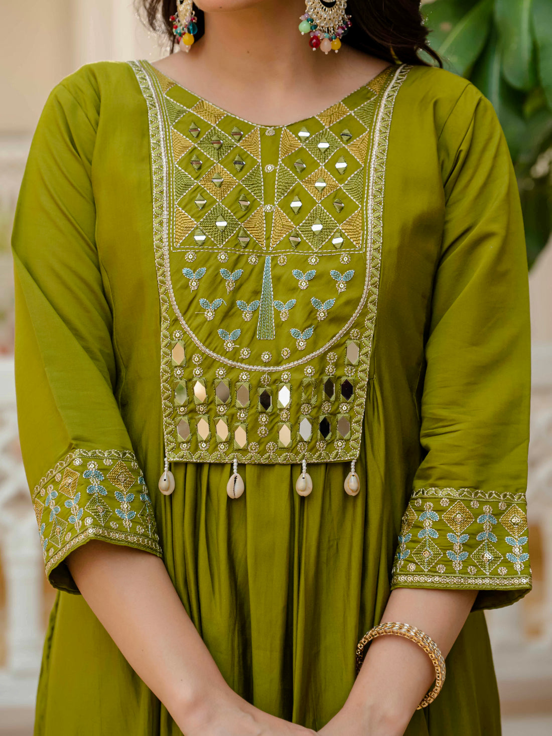 Luxury Anarkali Kurti Set with Real Mirror Work | Viscose Roman Silk Festive Suit with Chanderi Dupatta