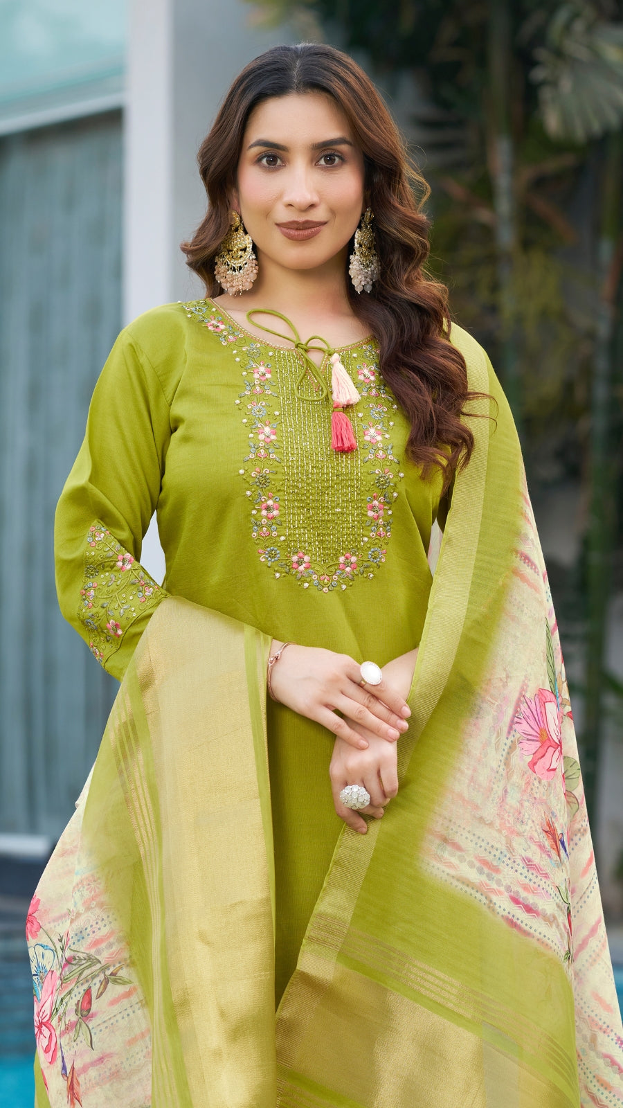 Elegant Parrot Green Embroidered Kurti Pant Dupatta Set | Viscose Silk Festive Wear for Women