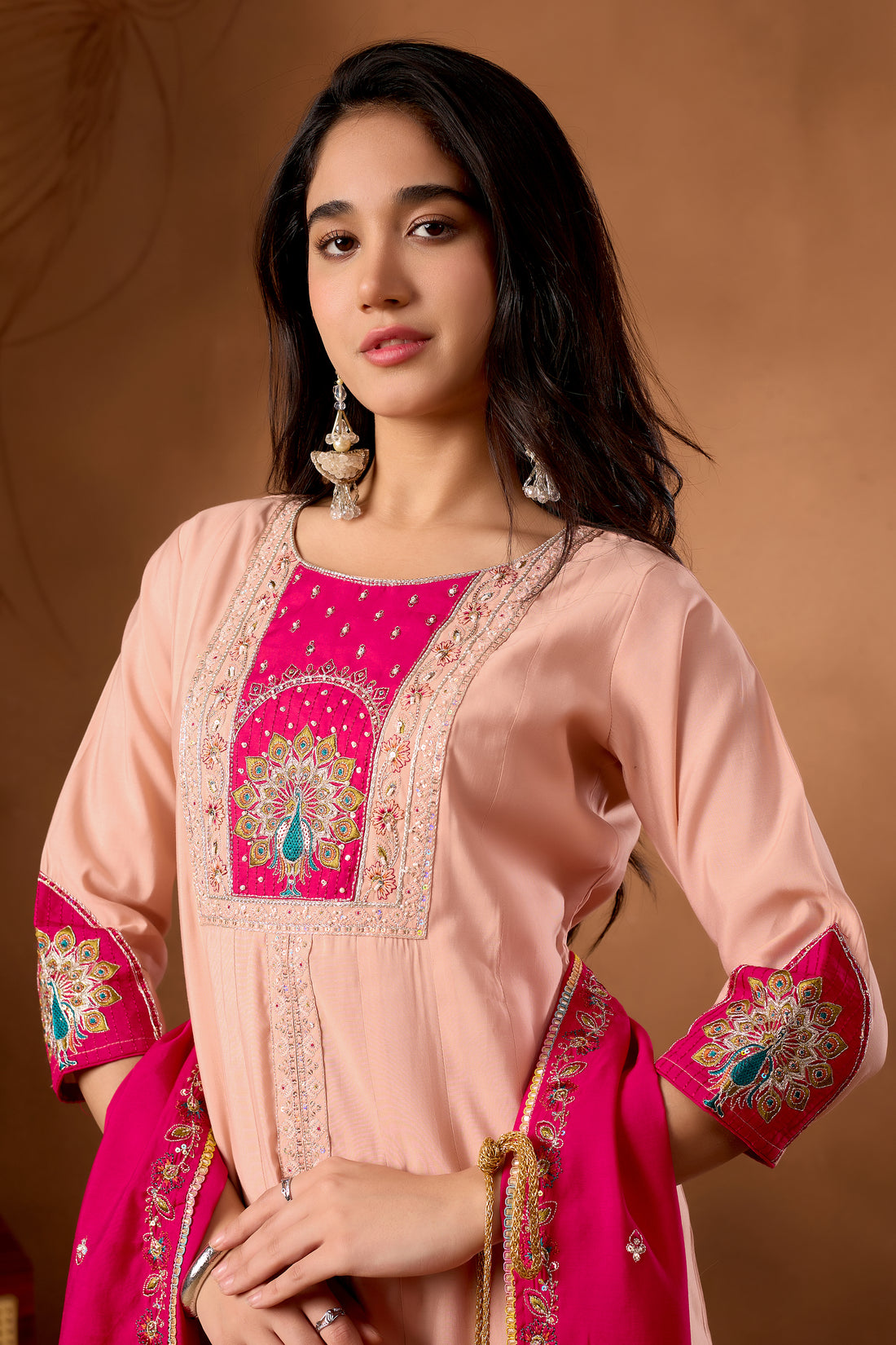 Anarkali Kurti Plazo Dupatta Set – Premium Roman Silk Embroidery Festive Wear