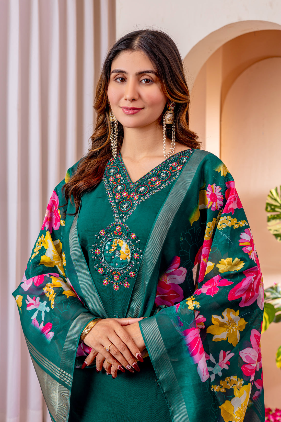 Designer Green, Wine, Orange Embroidered Kurti Pant Dupatta Set | Premium Festive Ethnic Wear