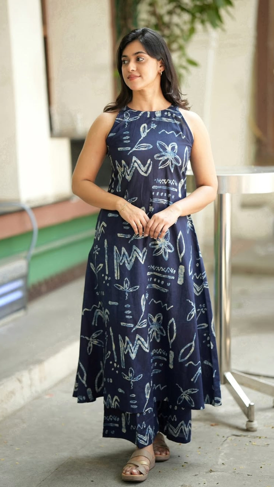 Women's Navy Blue Printed Cotton A-Line Kurta Palazzo Set with Side Pockets | Sleeveless Halter Neck Co-Ord Set