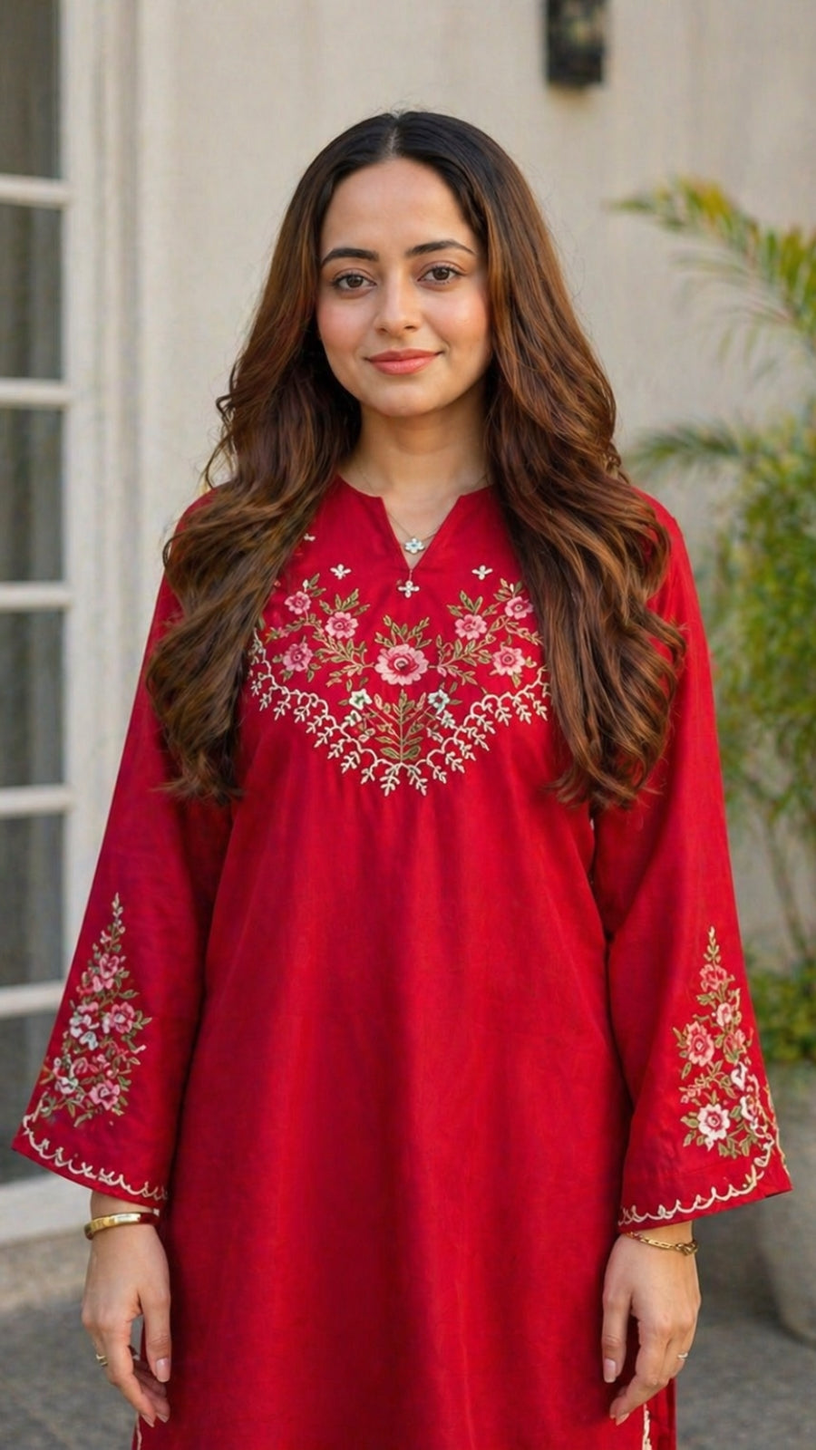 Elegant Red Embroidered Co-ord Set for Women | Pure Cotton Kurti Pant Set