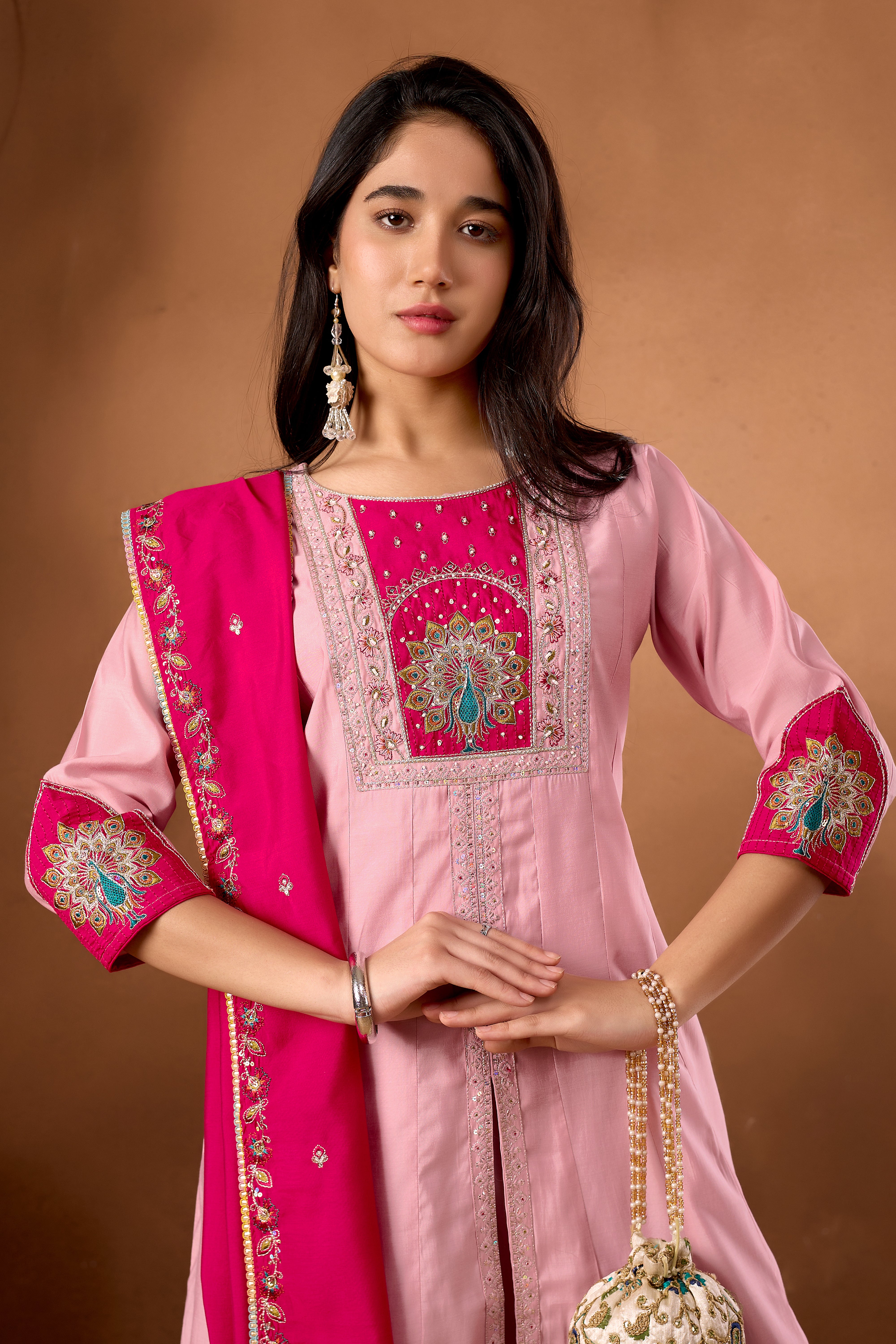 Anarkali Kurti Plazo Dupatta Set – Premium Roman Silk Embroidery Festive Wear