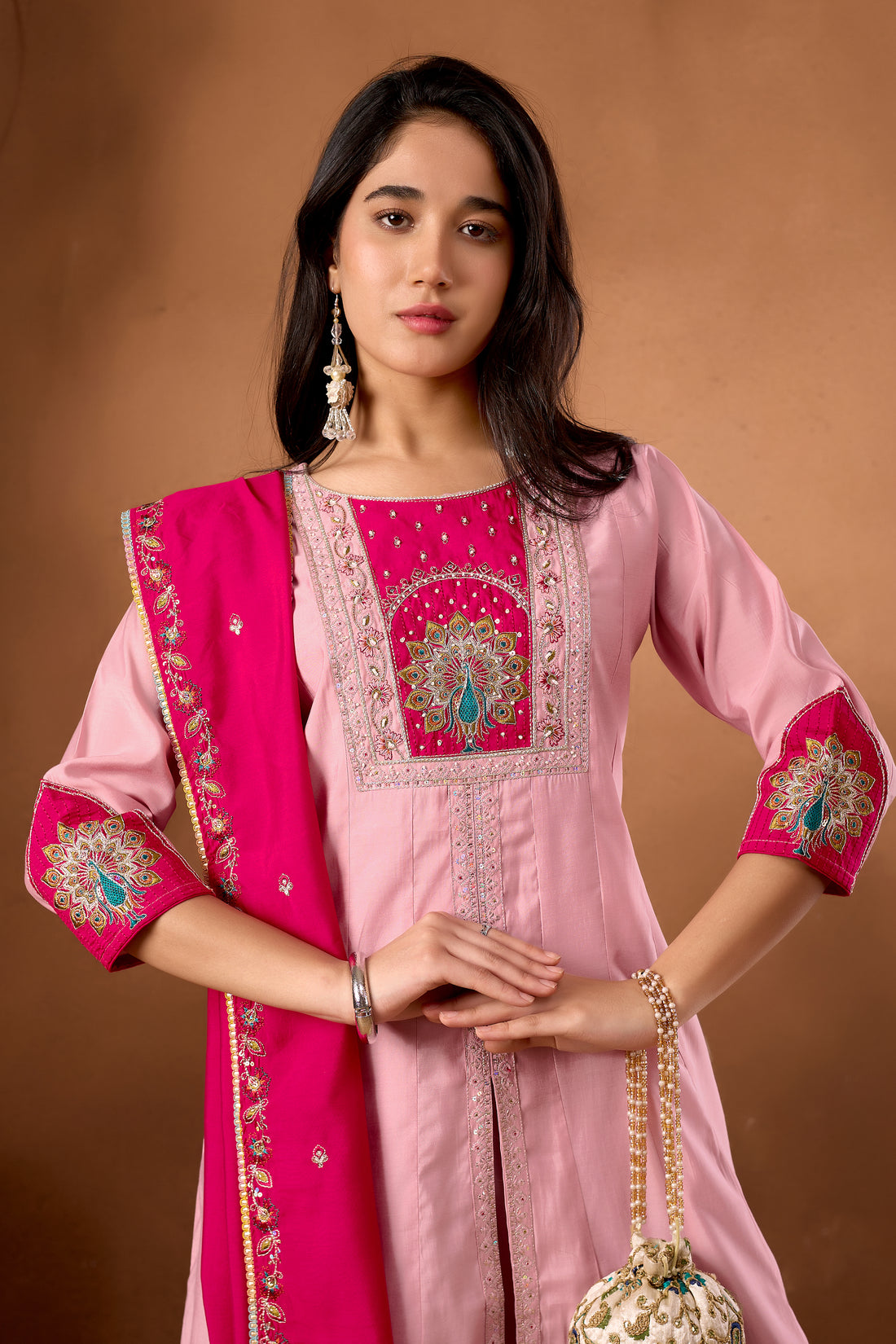 Anarkali Kurti Plazo Dupatta Set – Premium Roman Silk Embroidery Festive Wear