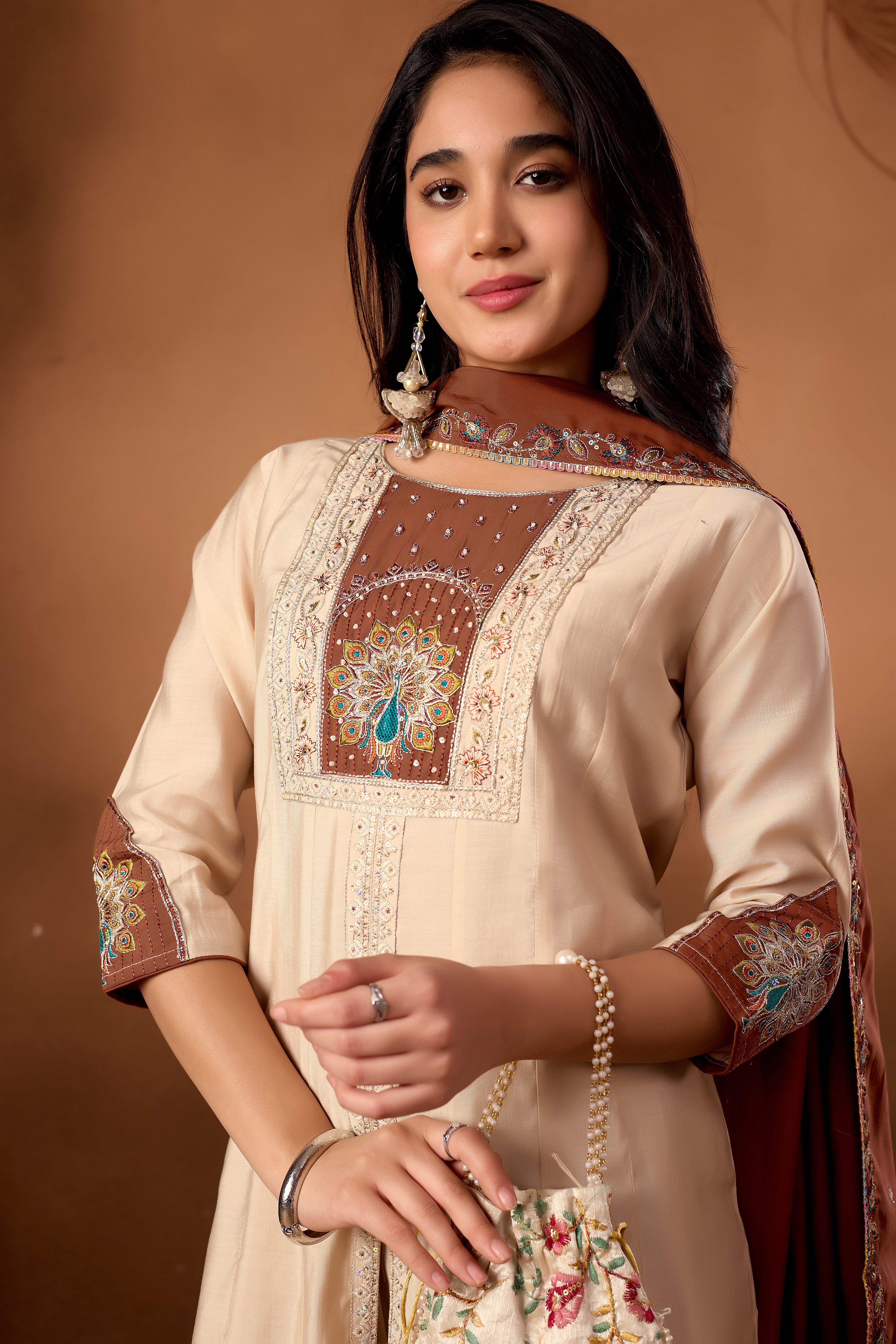 Anarkali Kurti Plazo Dupatta Set – Premium Roman Silk Embroidery Festive Wear