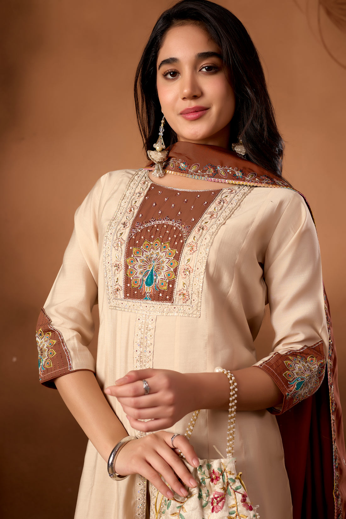 Anarkali Kurti Plazo Dupatta Set – Premium Roman Silk Embroidery Festive Wear