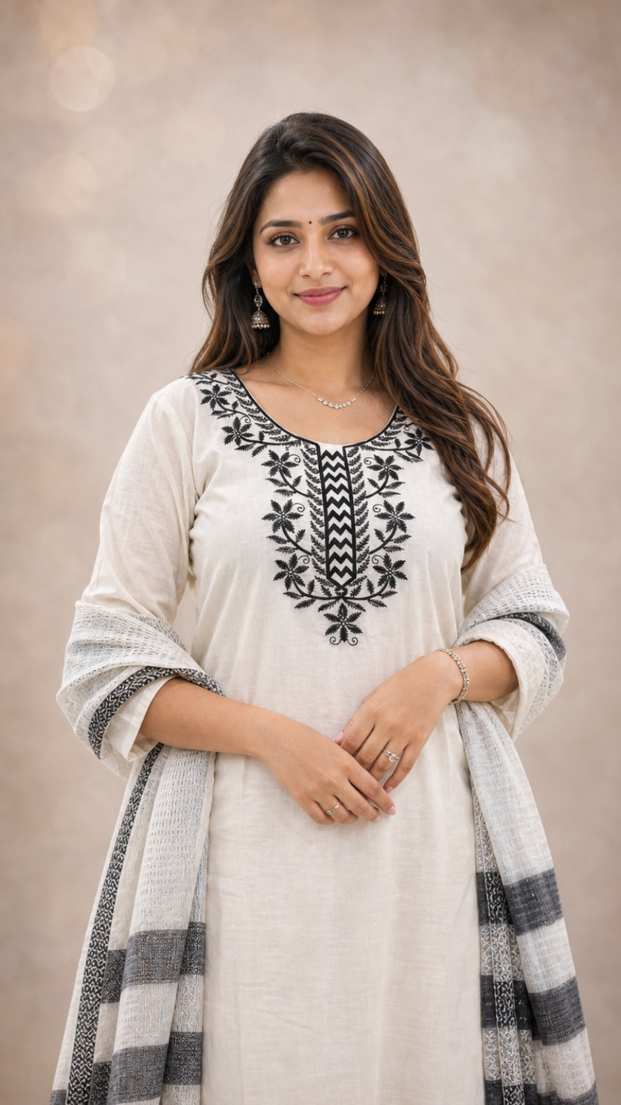 Elegant Khadi Cotton Embroidered Kurti Pant Dupatta Set for Women