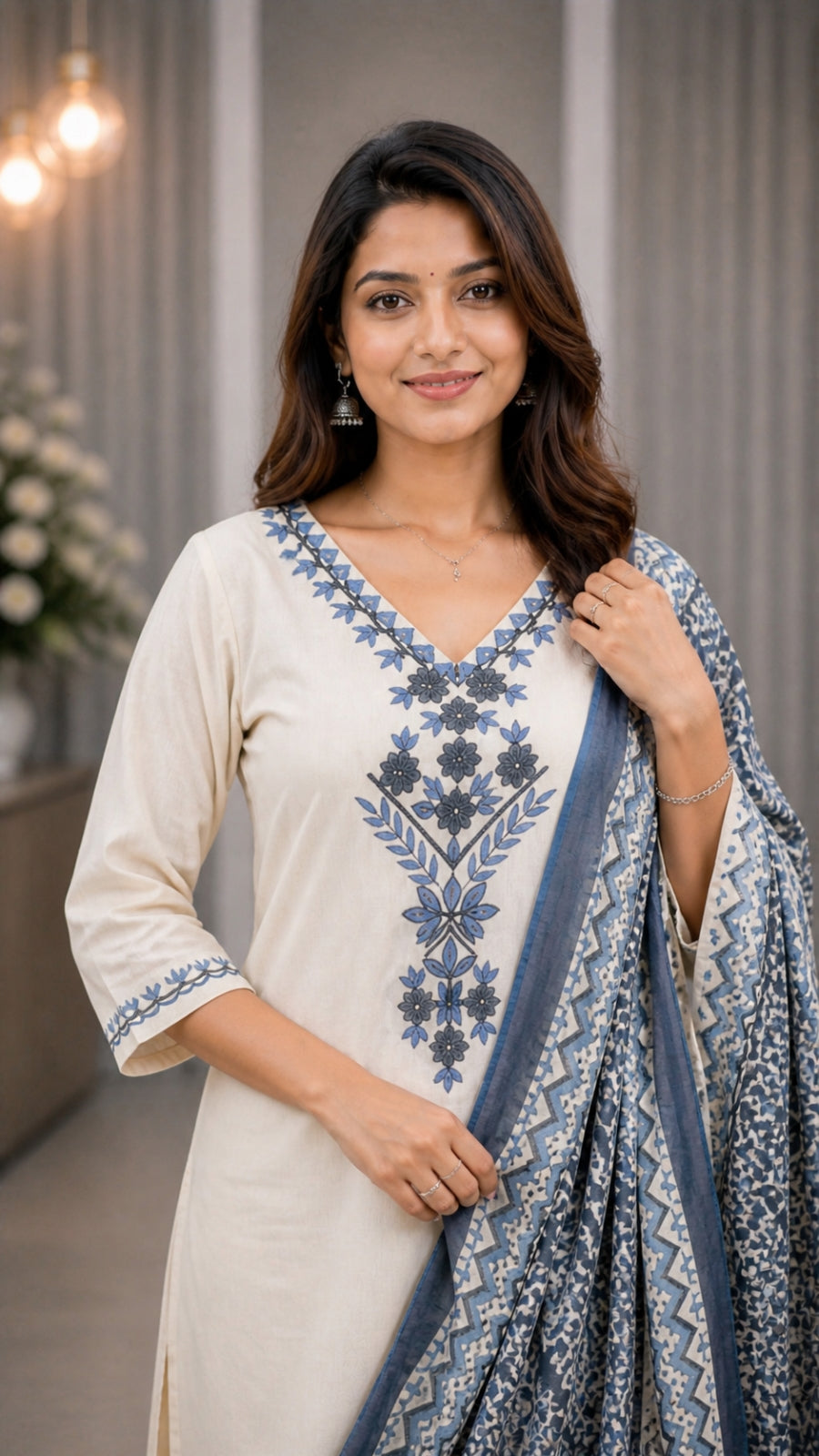 Elegant Khadi Cotton Kurta Pant Dupatta Set for Women | Embroidered Straight Kurti Set | Cream Ethnic Wear