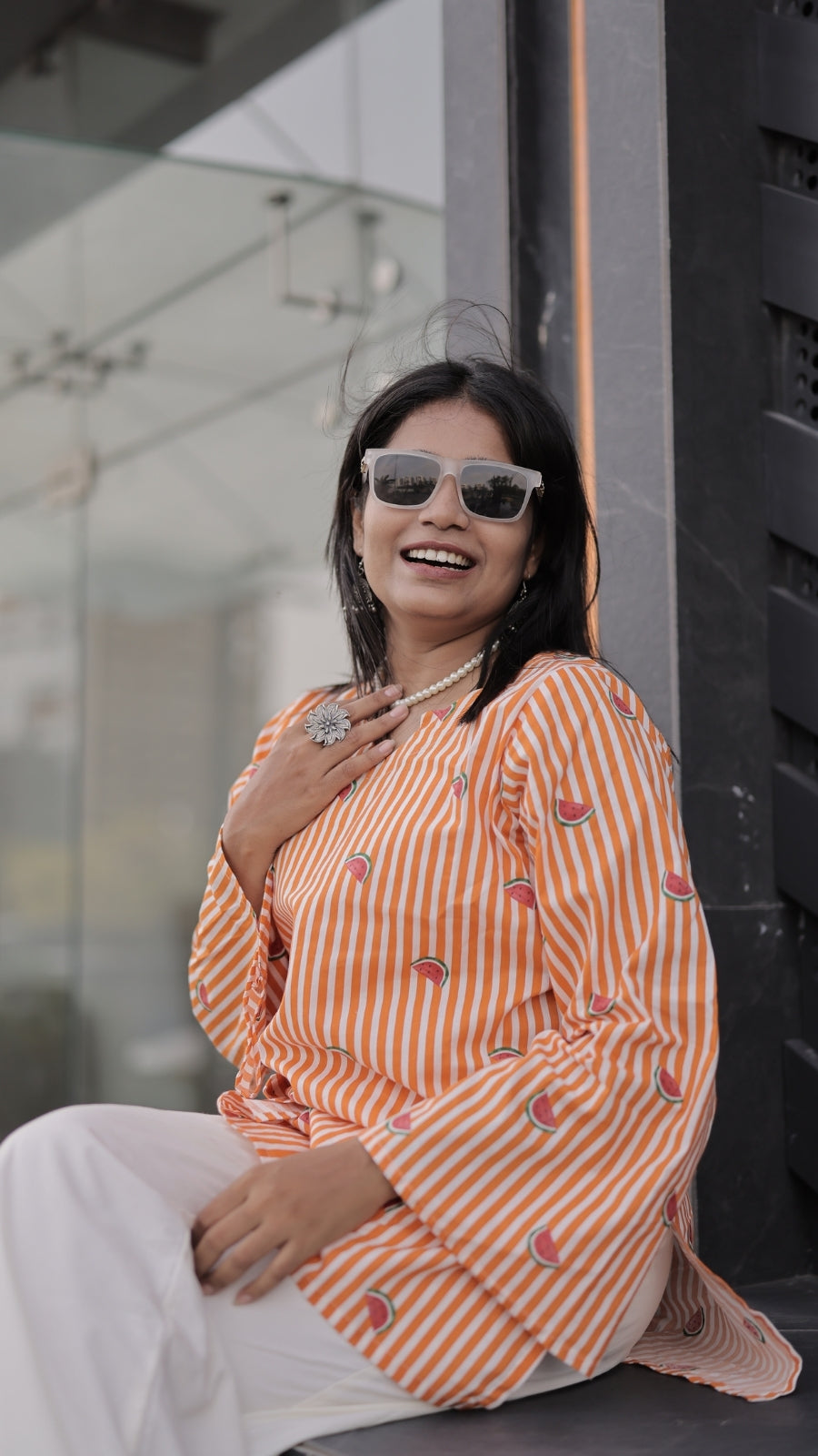 Women’s Orange Striped Watermelon Printed Bell Sleeve Kurta Palazzo Set