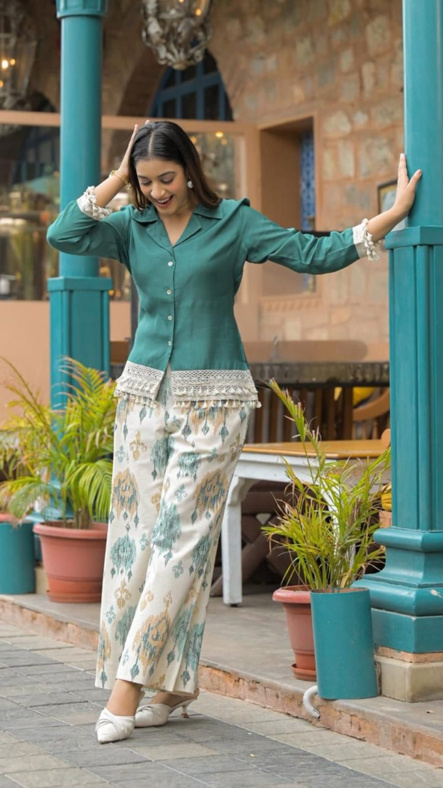 Women Cotton Flex Co-Ord Set | Stylish Shirt Top & Printed Palazzo Pant Set | Casual Summer Wear