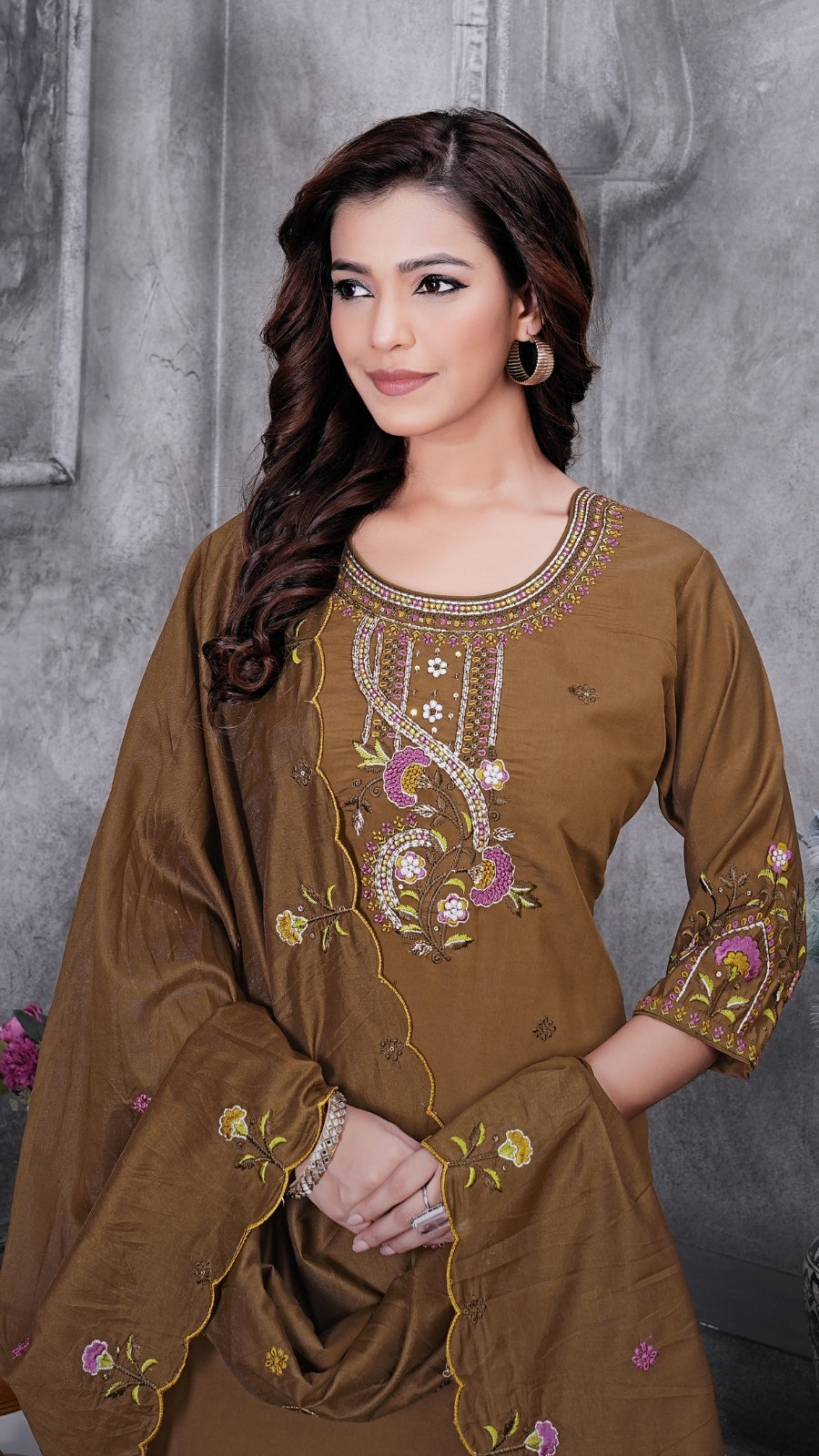 Elegant Embroidered Roman Silk Kurti Pant Set with Dupatta | Festive & Ethnic Wear for Women