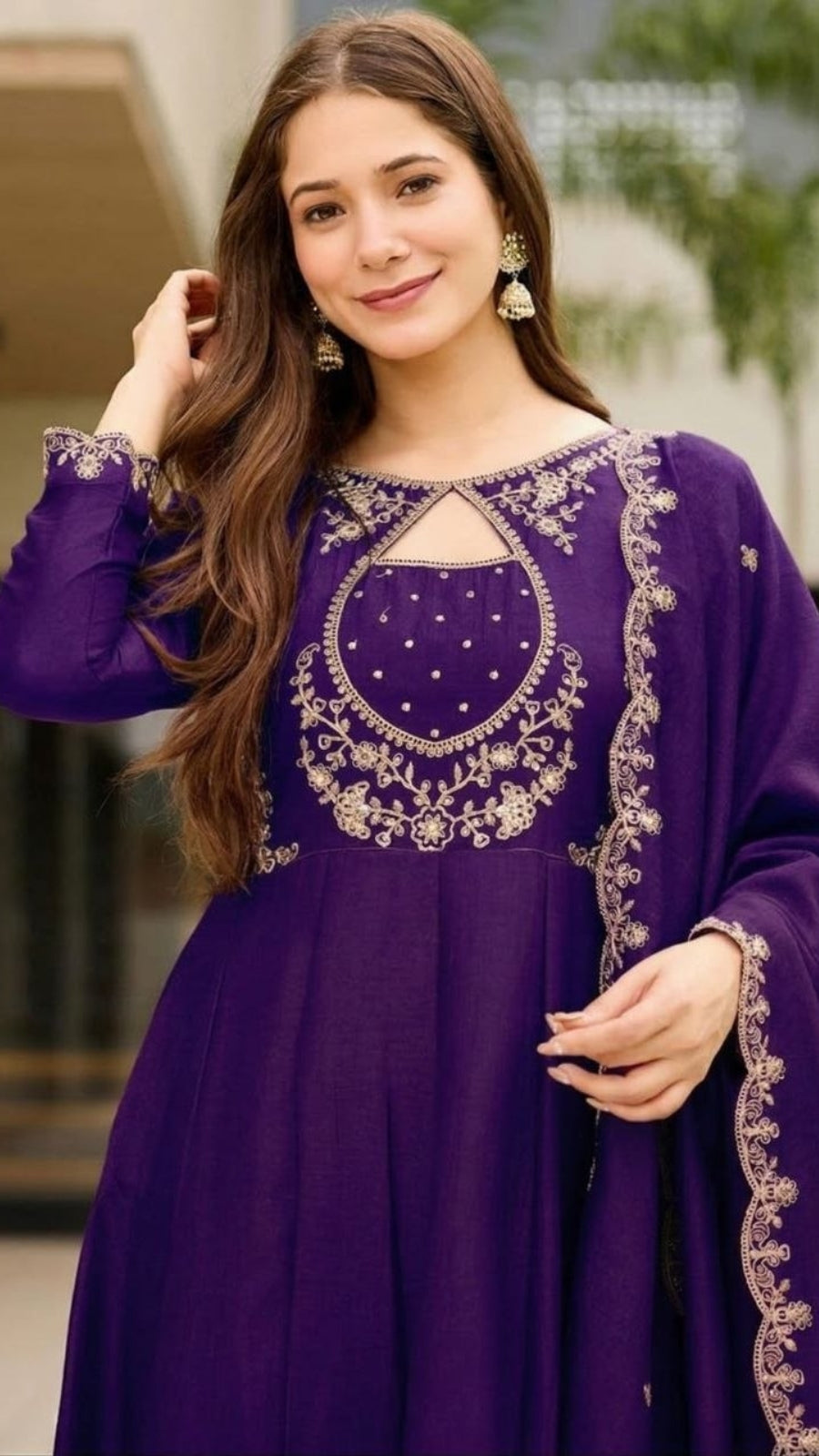 Women Embroidered Vichitra Anarkali Suit Set with Dupatta – Festive Ethnic Wear