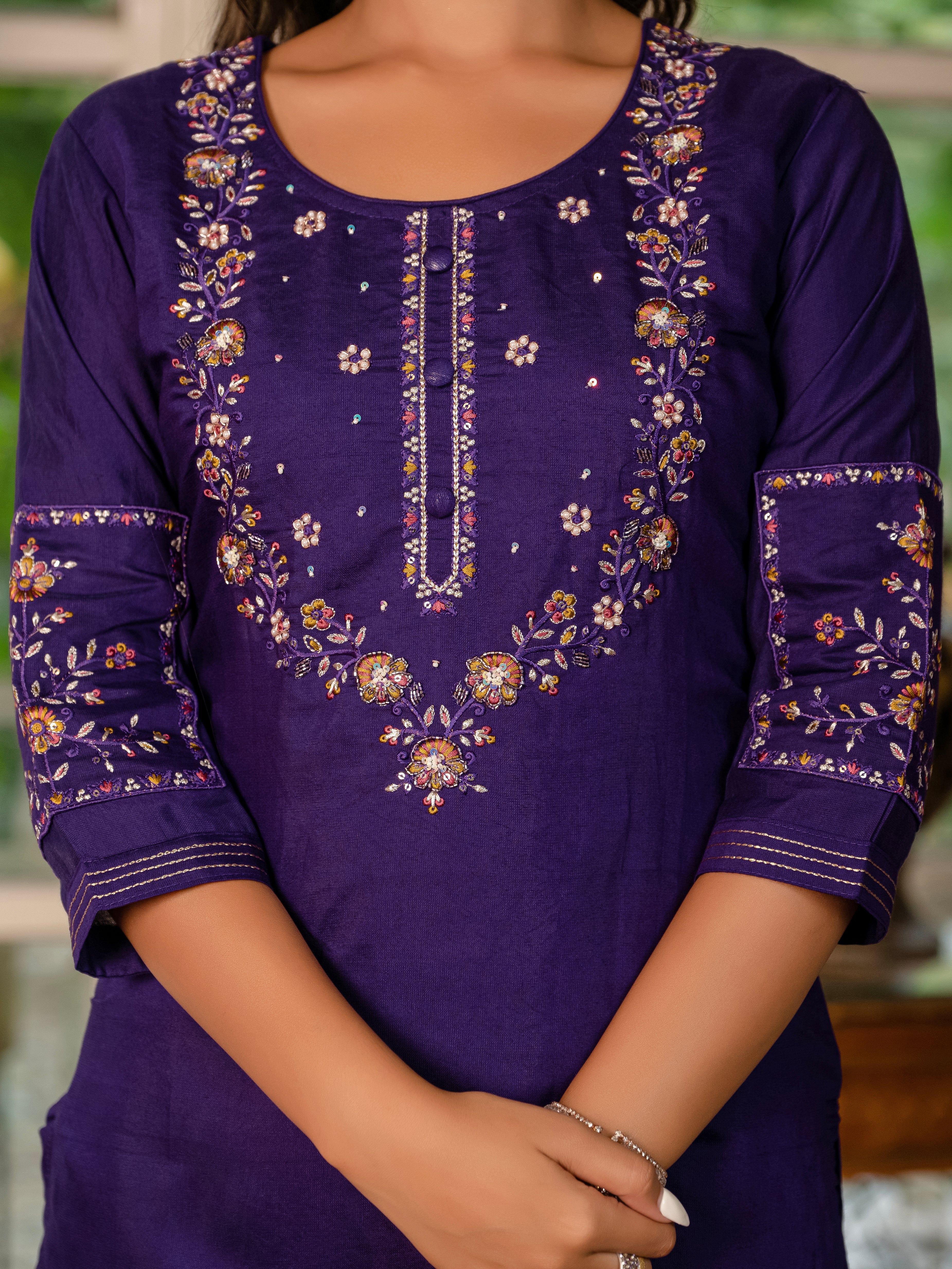 Royal Purple,Perrot,Musted Yellow, Green Embroidered Kurti Pant Dupatta Set | Premium Festive Wear