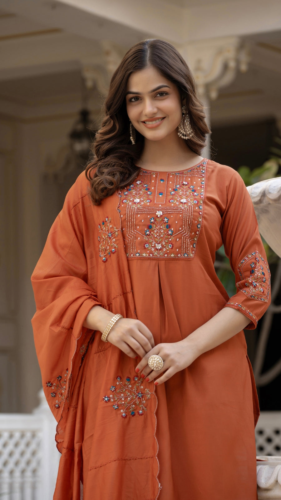Embroidered Kurti Pant Set with Dupatta – Festive Wear for Women