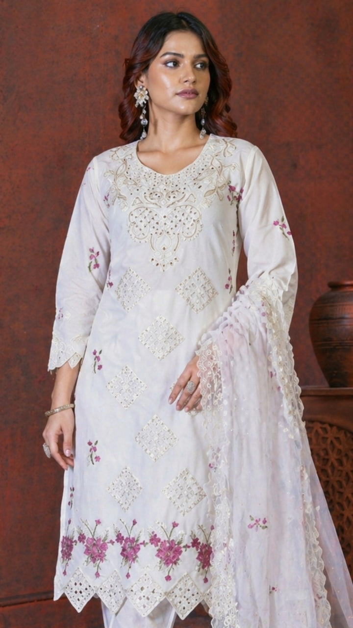 Embroidered Kurti Pant Set with Organza Dupatta – Designer Festive Wear for Women