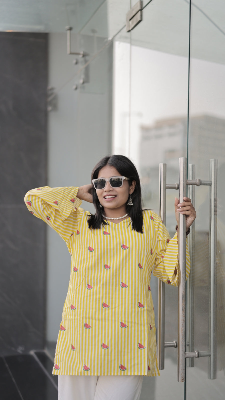 Women’s Yellow Striped Printed Bell Sleeve Kurta with Heavy Rayon Palazzo Set