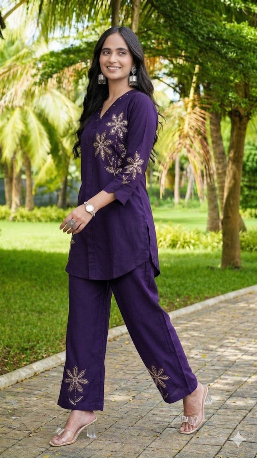 Women Brown Embroidered Co-Ord Set | Rayon Kurti & Straight Pant Set (M to 3XL)