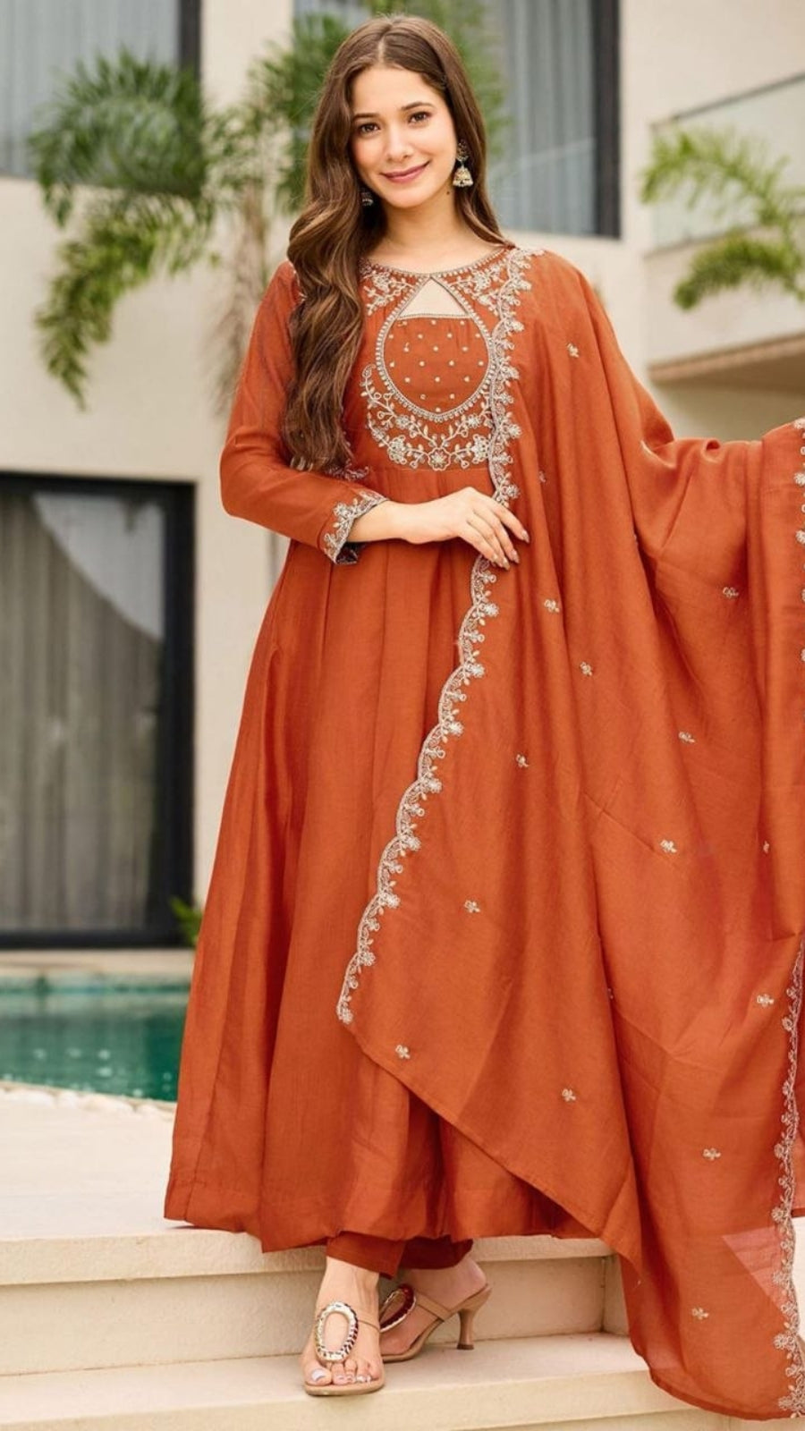 Women Embroidered Vichitra Anarkali Suit Set with Dupatta – Festive Ethnic Wear