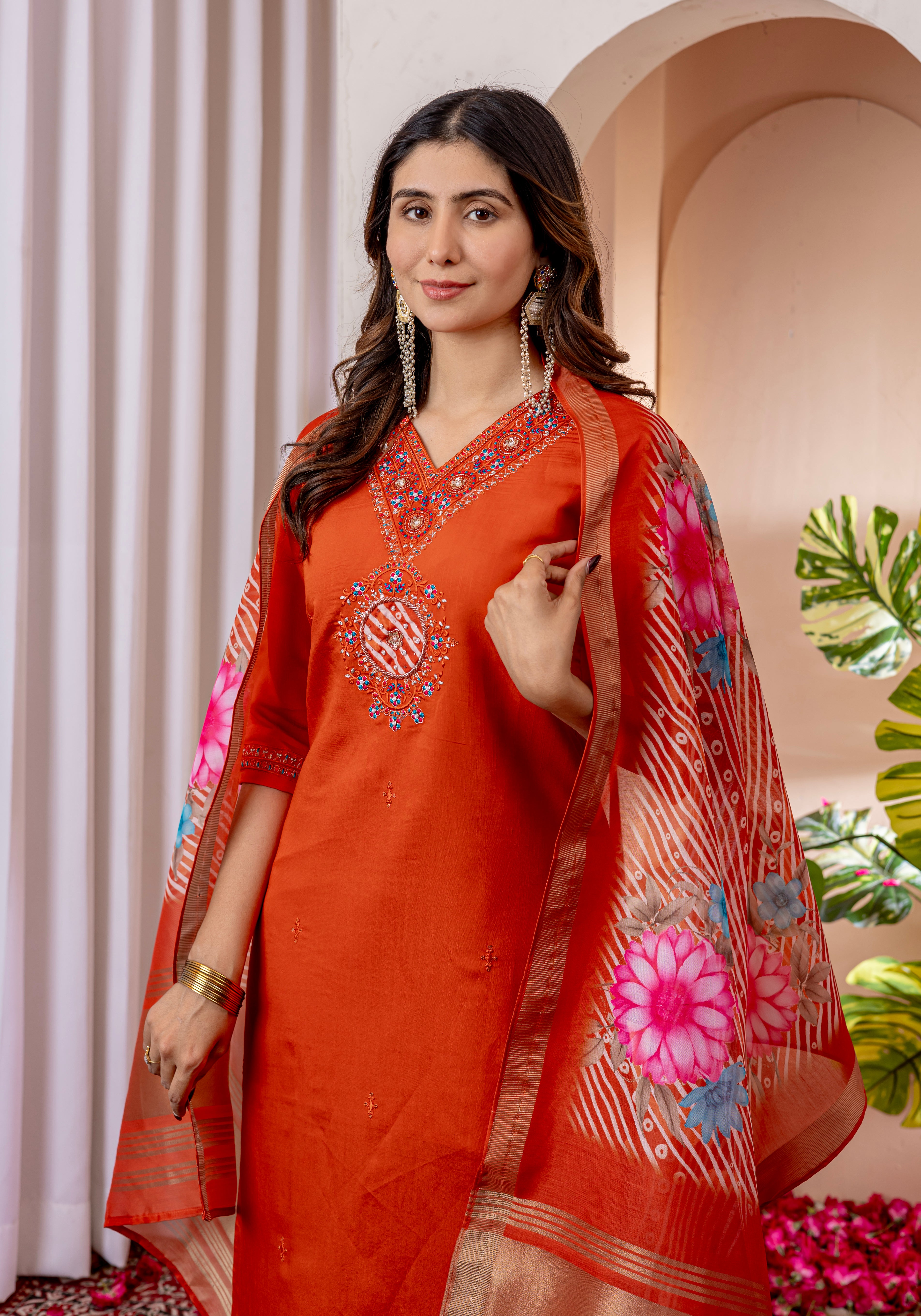 Designer Green, Wine, Orange Embroidered Kurti Pant Dupatta Set | Premium Festive Ethnic Wear