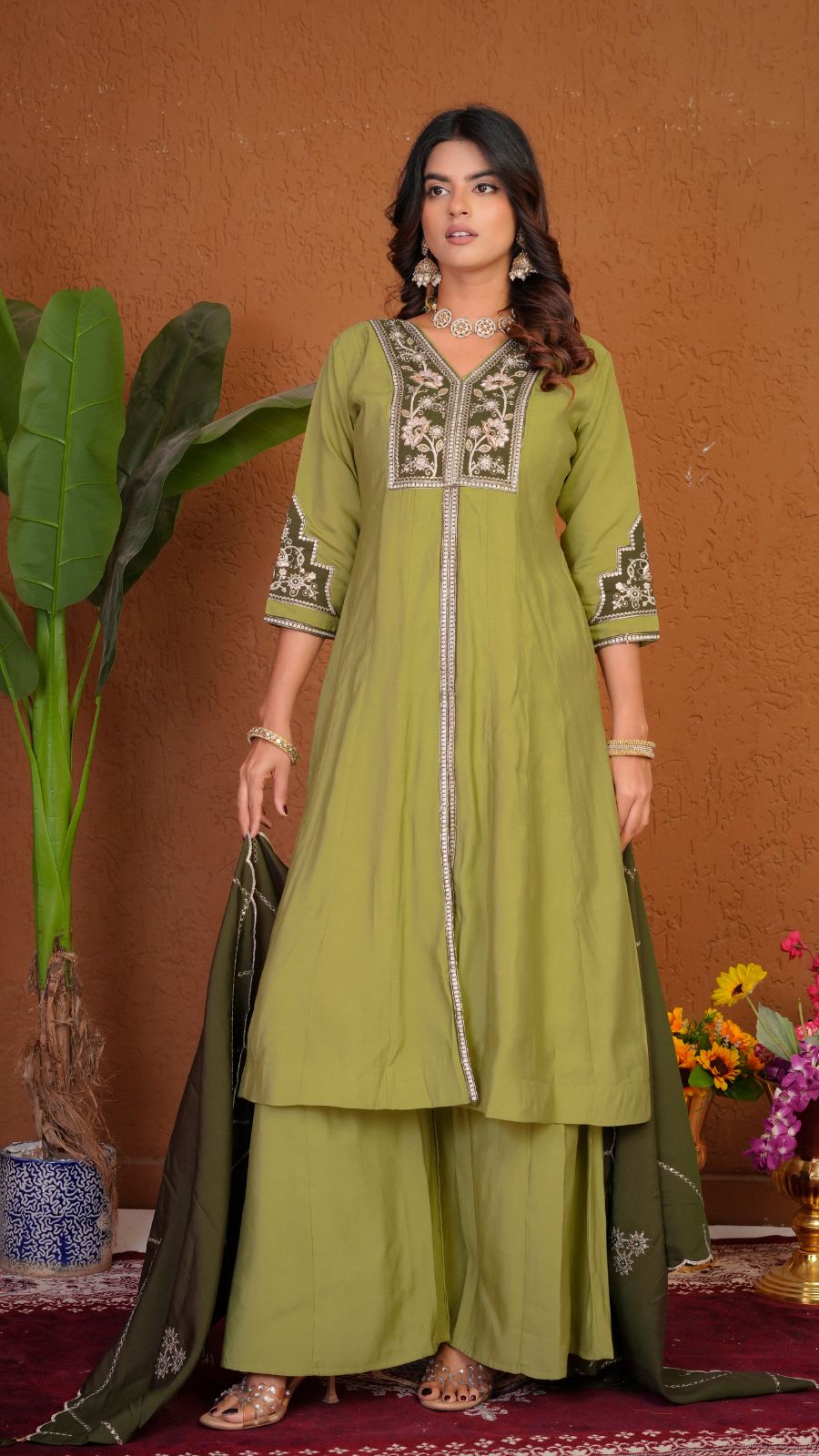 Women’s Olive Green Embroidered Kurta Palazzo Set with Dupatta