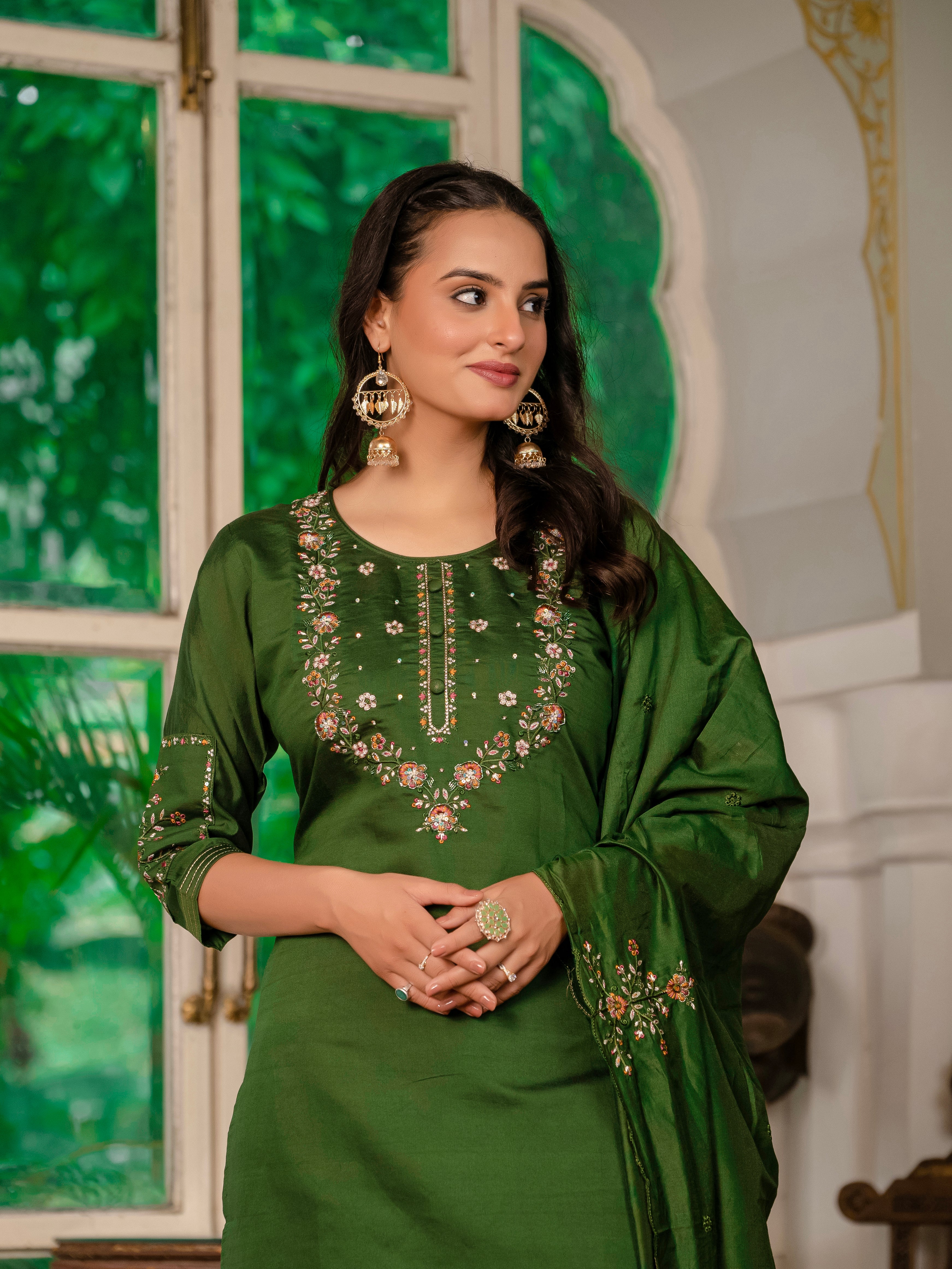 Royal Purple,Perrot,Musted Yellow, Green Embroidered Kurti Pant Dupatta Set | Premium Festive Wear
