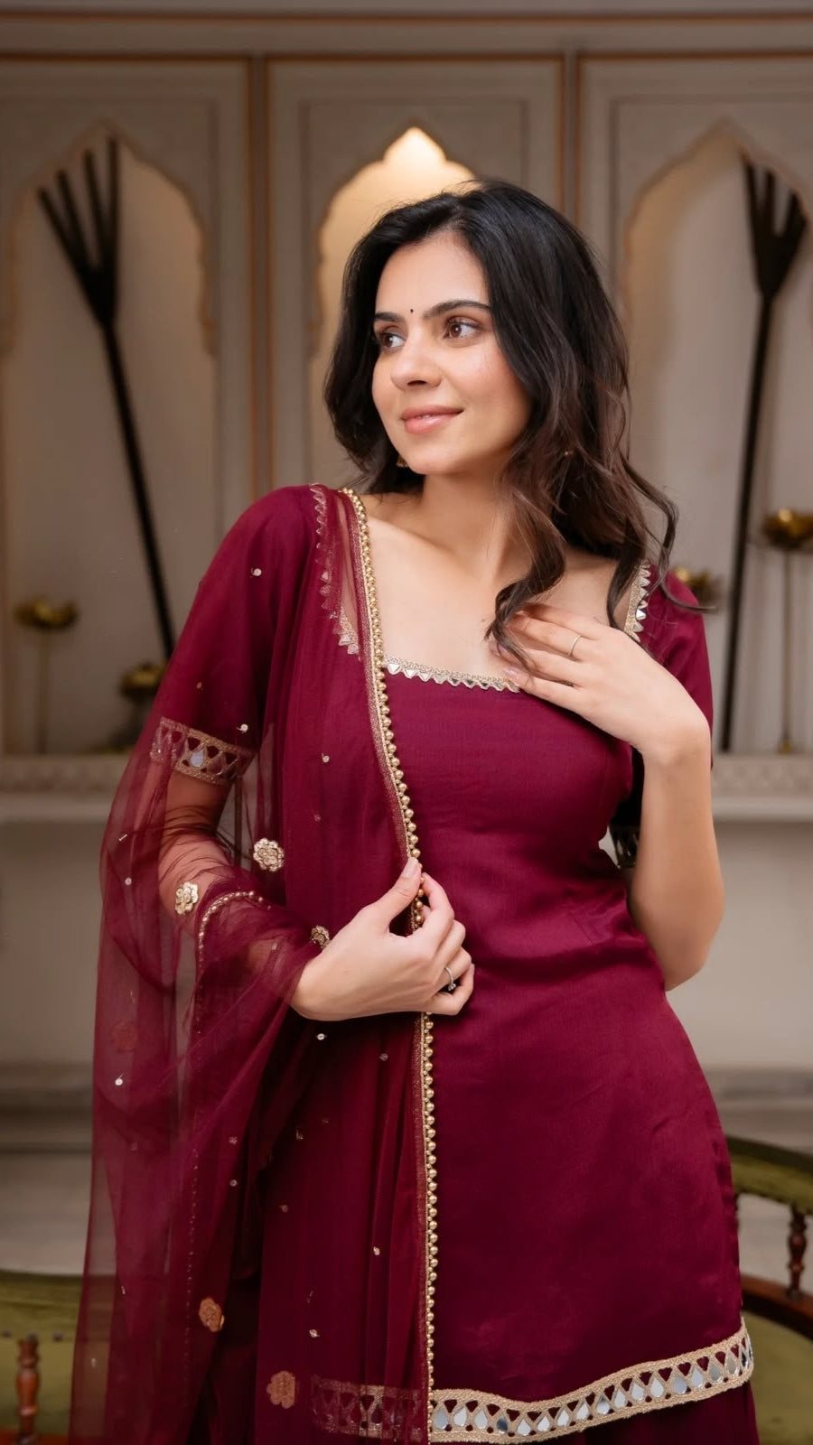 Women’s Heavy 3 Piece Faux Georgette Suit Set with Real Mirror Work, Embroidered Dupatta & Palazzo