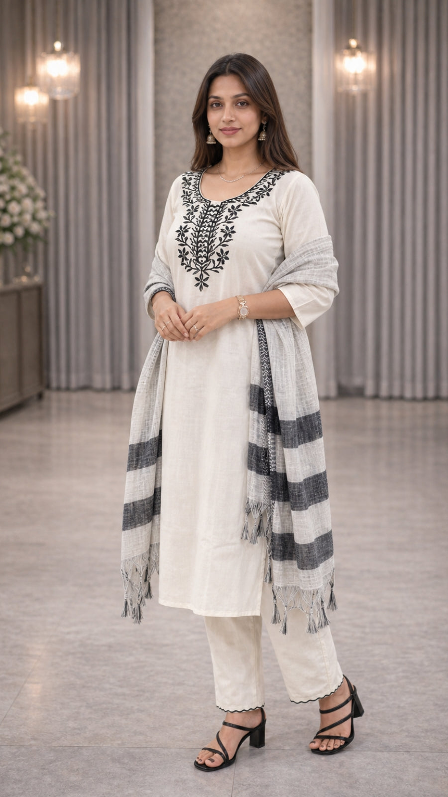 Elegant Khadi Cotton Embroidered Kurti Pant Dupatta Set for Women
