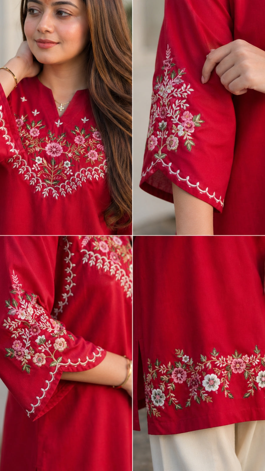 Elegant Red Embroidered Co-ord Set for Women | Pure Cotton Kurti Pant Set
