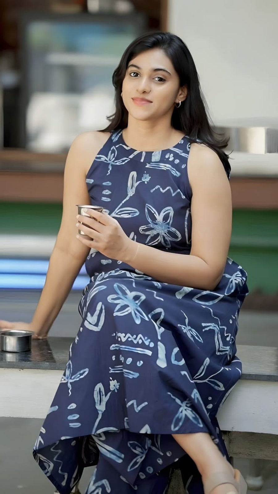 Women's Navy Blue Printed Cotton A-Line Kurta Palazzo Set with Side Pockets | Sleeveless Halter Neck Co-Ord Set