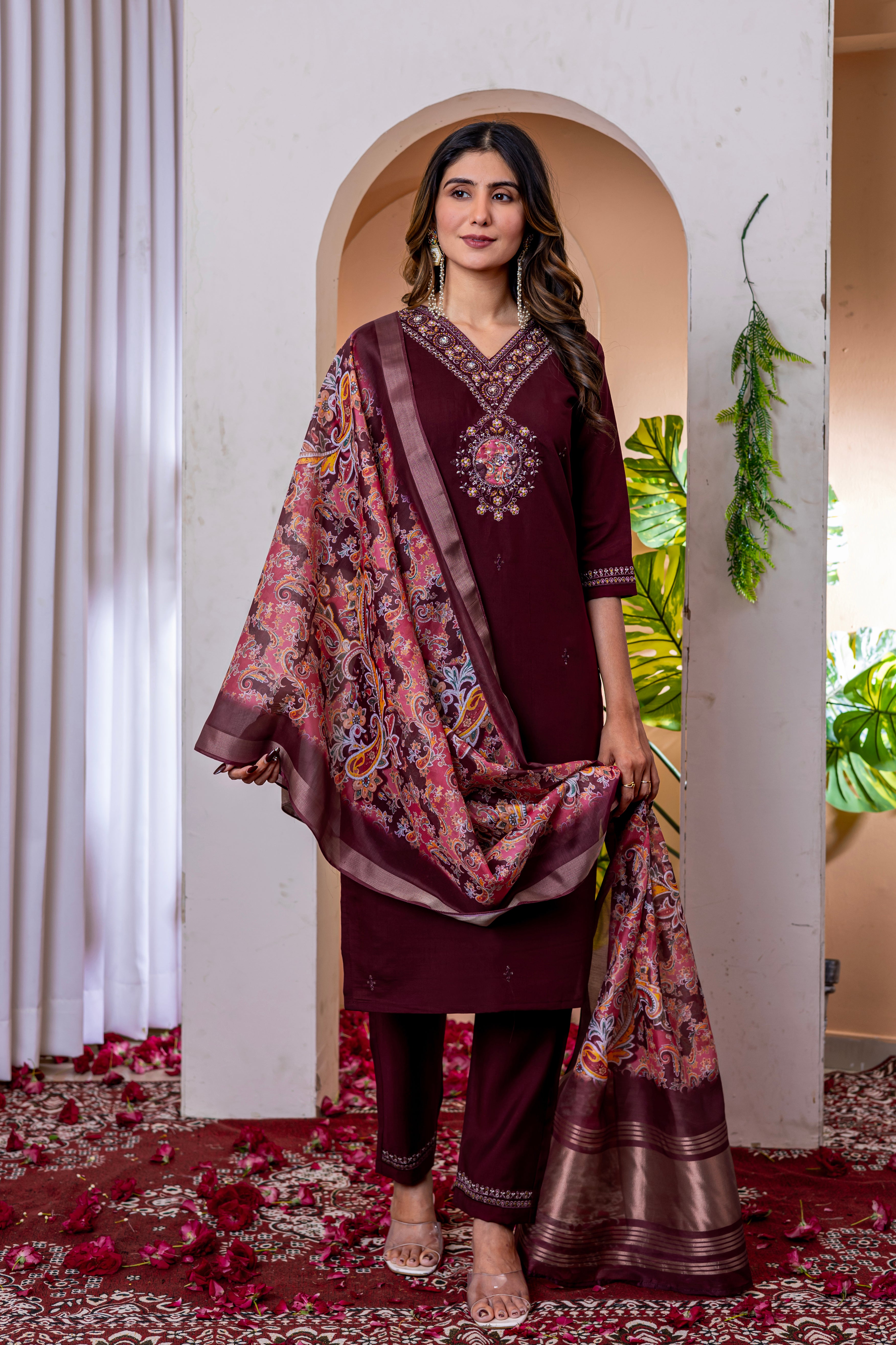 Designer Green, Wine, Orange Embroidered Kurti Pant Dupatta Set | Premium Festive Ethnic Wear