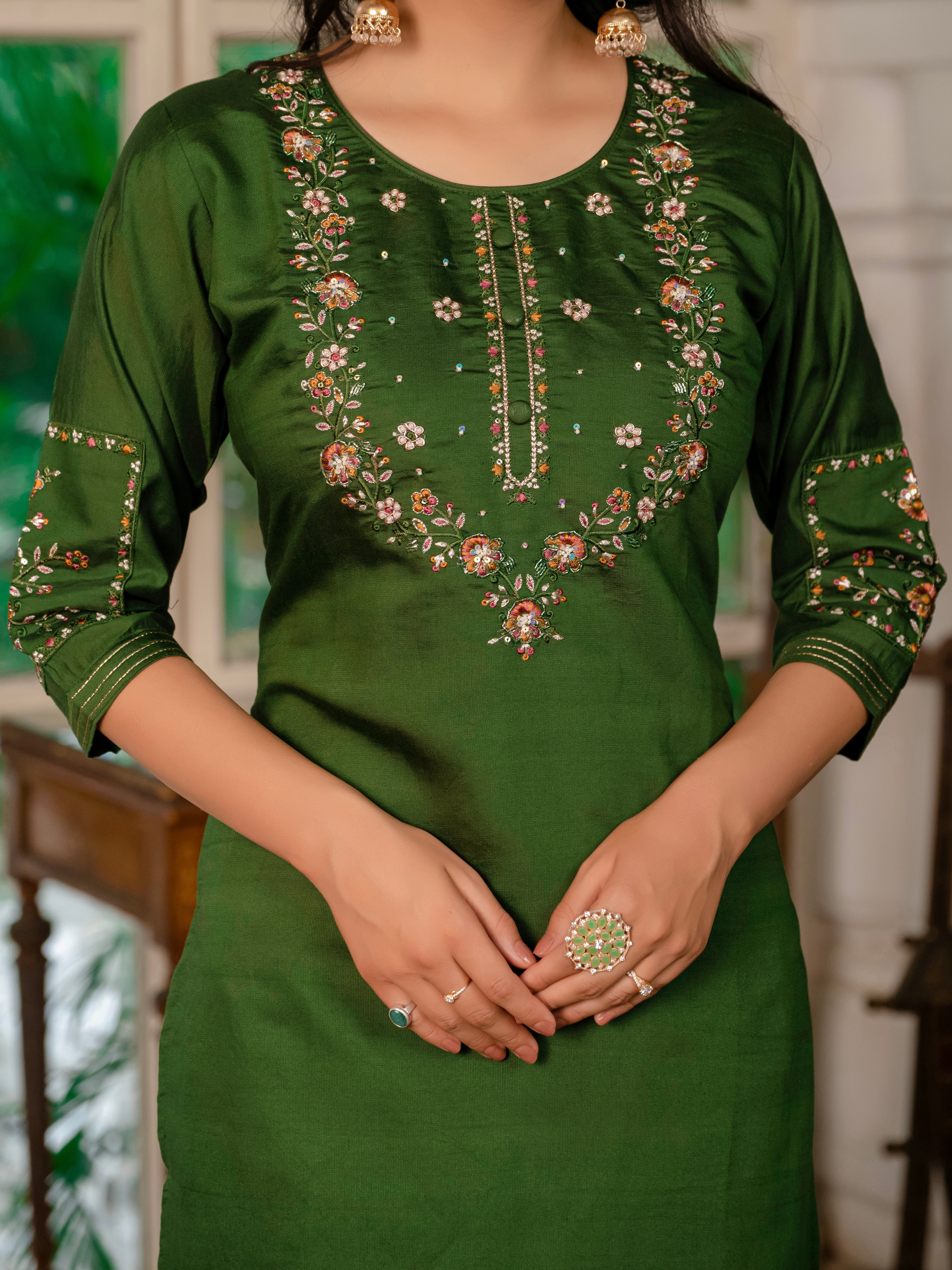 Royal Purple,Perrot,Musted Yellow, Green Embroidered Kurti Pant Dupatta Set | Premium Festive Wear