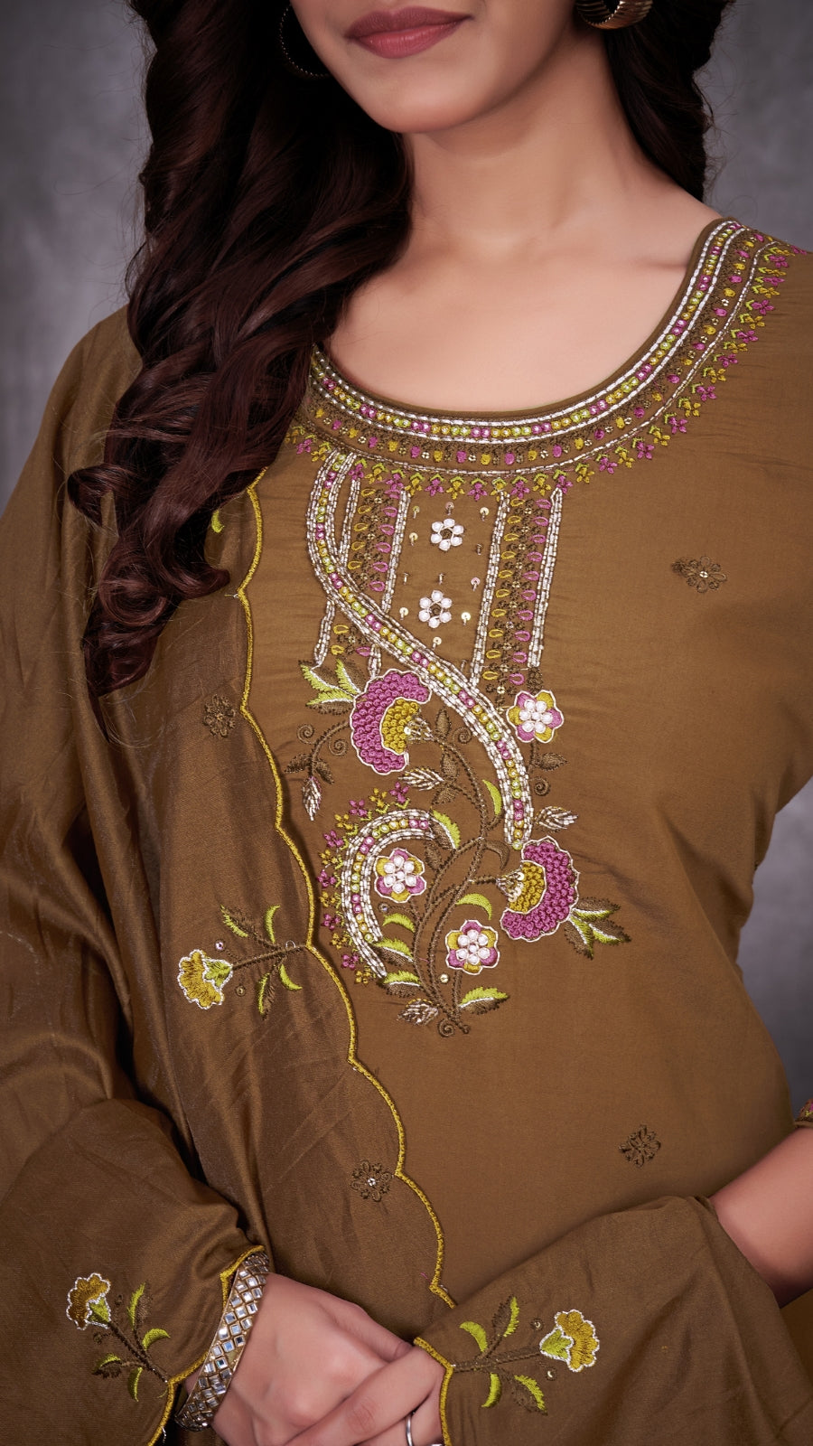 Elegant Embroidered Roman Silk Kurti Pant Set with Dupatta | Festive & Ethnic Wear for Women