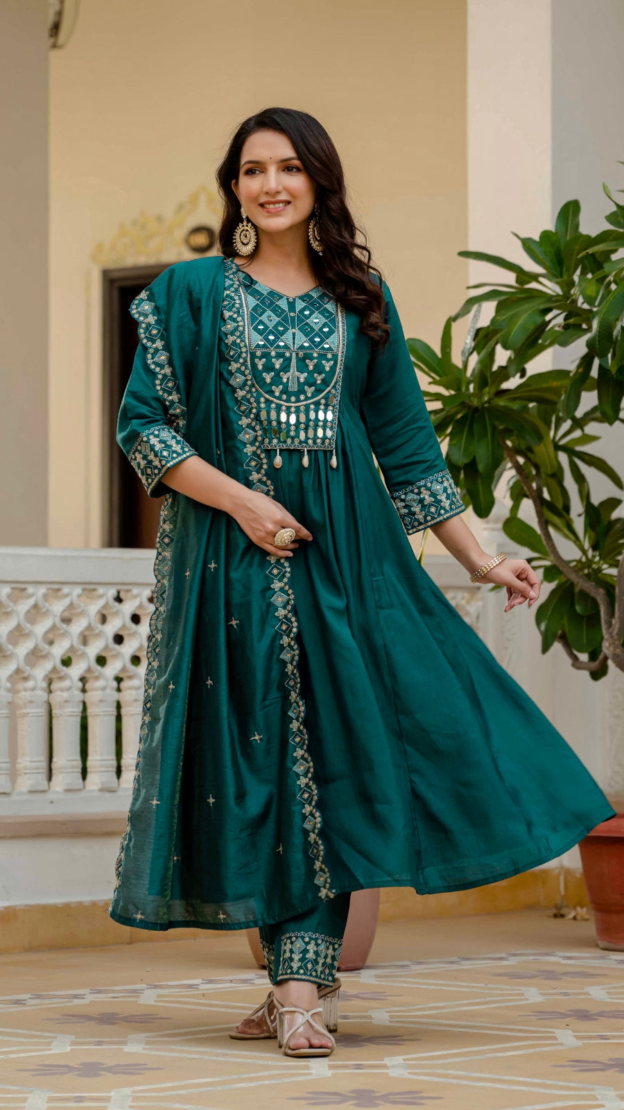 Luxury Anarkali Kurti Set with Real Mirror Work | Viscose Roman Silk Festive Suit with Chanderi Dupatta