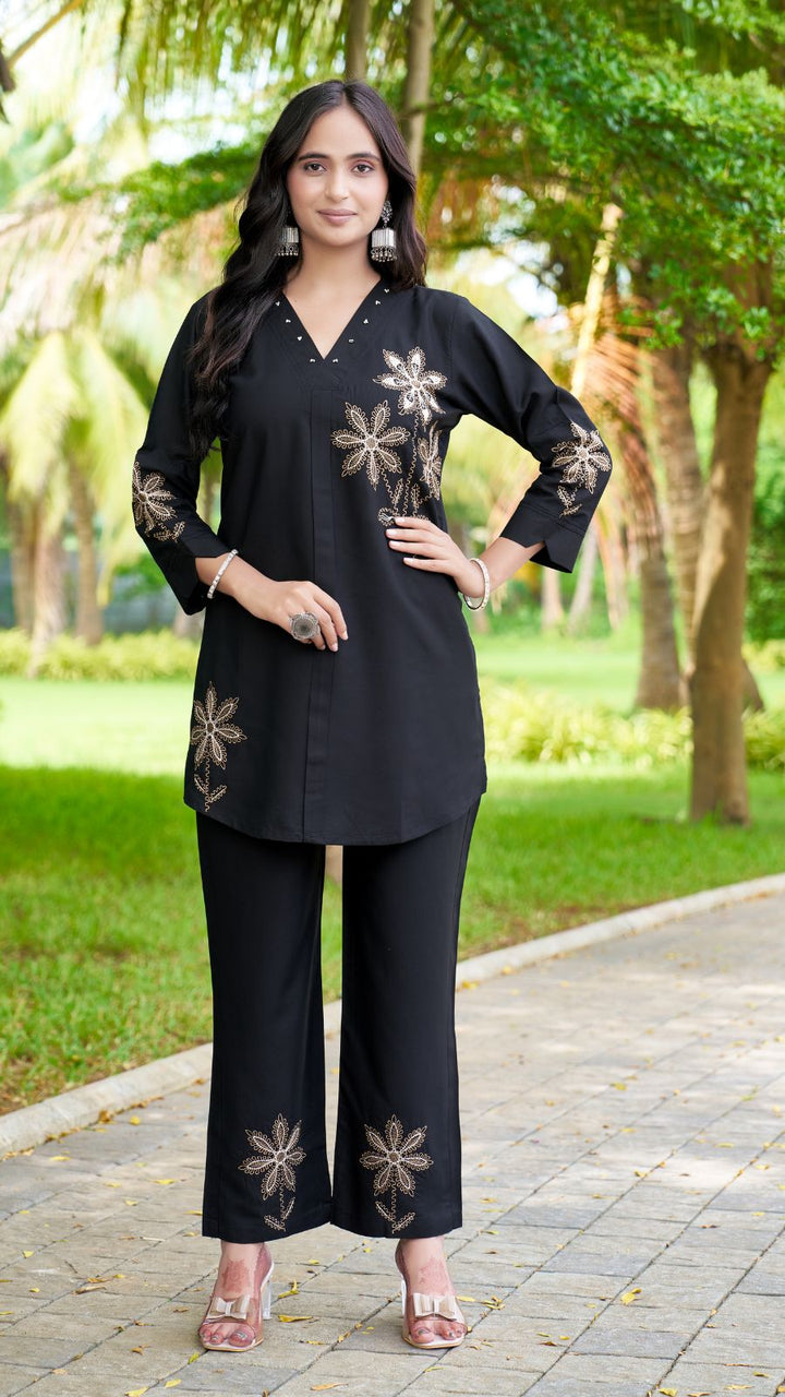 Women Brown Embroidered Co-Ord Set | Rayon Kurti & Straight Pant Set (M to 3XL)