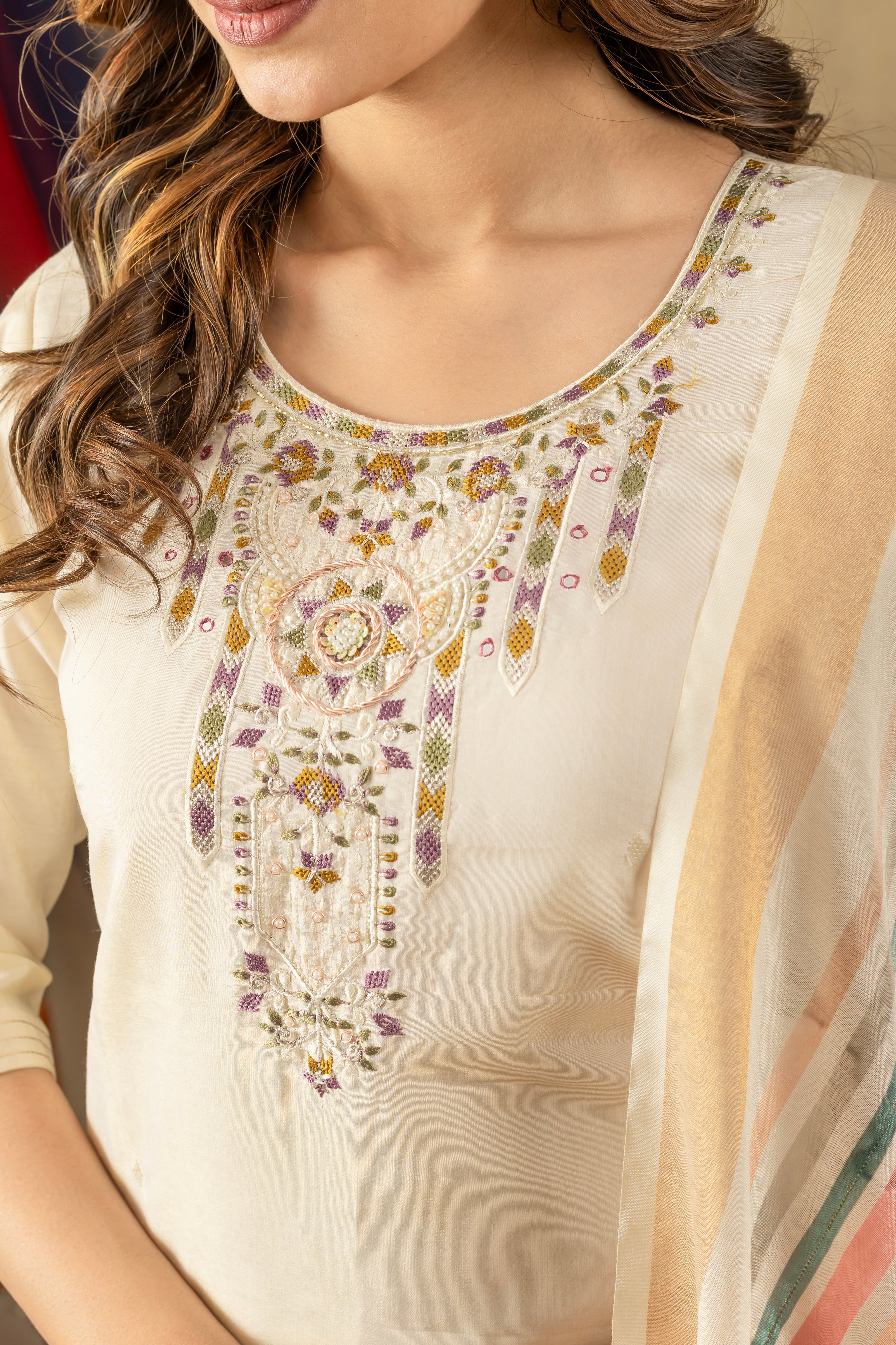 Cream Embroidered Kurti Pant Dupatta Set | Premium Ethnic Wear for Women