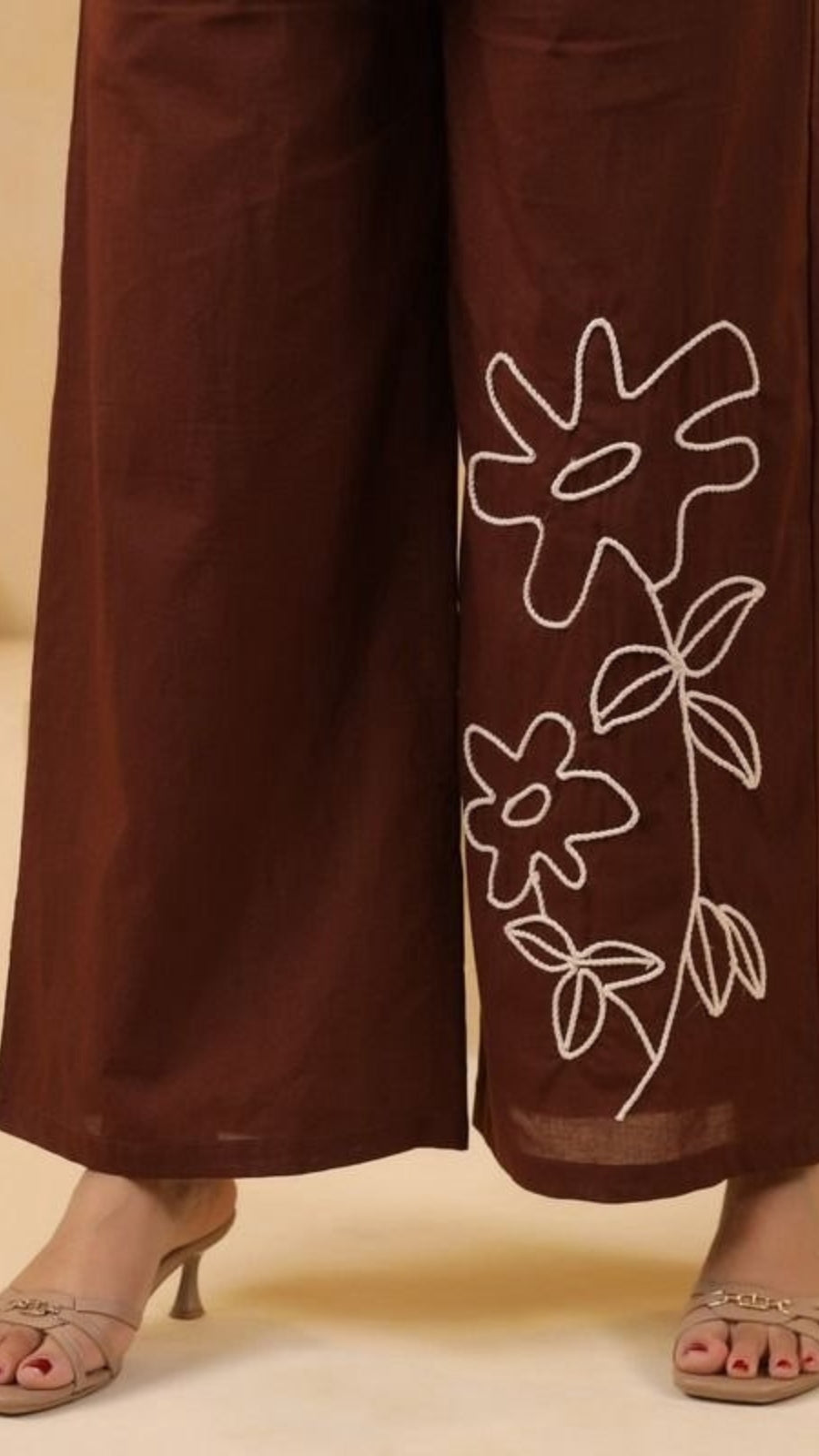 Brown Floral Embroidery Co-Ord Set for Women | Premium Casual Wear | Stylish Shirt & Palazzo Set