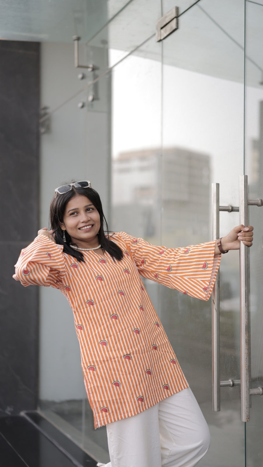 Women’s Orange Striped Watermelon Printed Bell Sleeve Kurta Palazzo Set