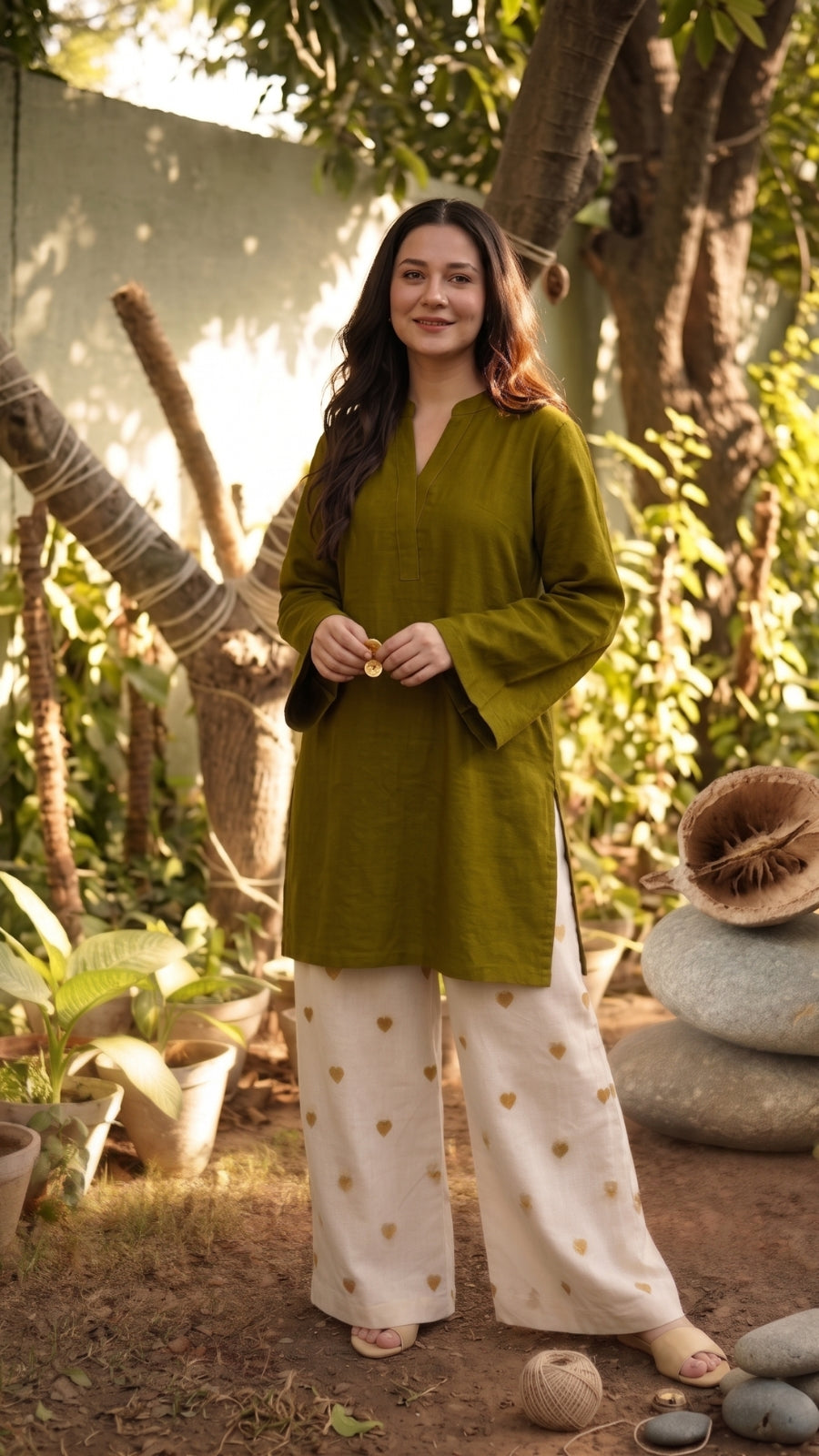 Luxury Cotton Co-Ord Set for Women | Elegant Kurti with Heart Print Palazzo | Premium Casual Wear