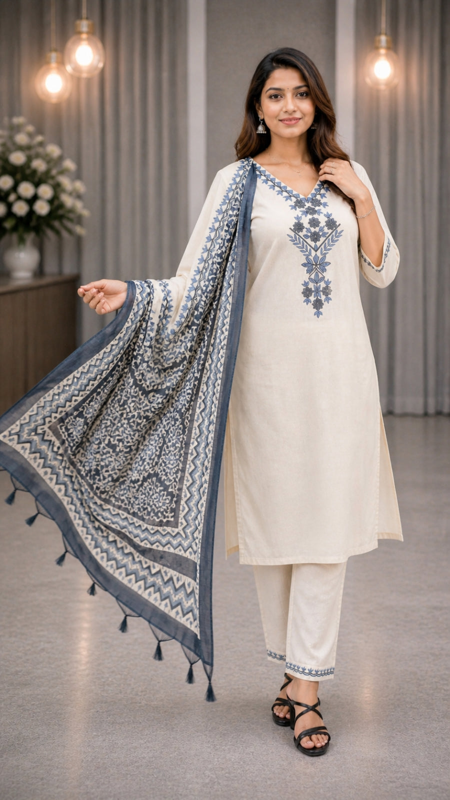 Elegant Khadi Cotton Kurta Pant Dupatta Set for Women | Embroidered Straight Kurti Set | Cream Ethnic Wear