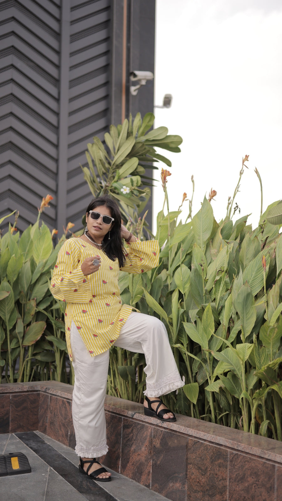 Women’s Yellow Striped Printed Bell Sleeve Kurta with Heavy Rayon Palazzo Set